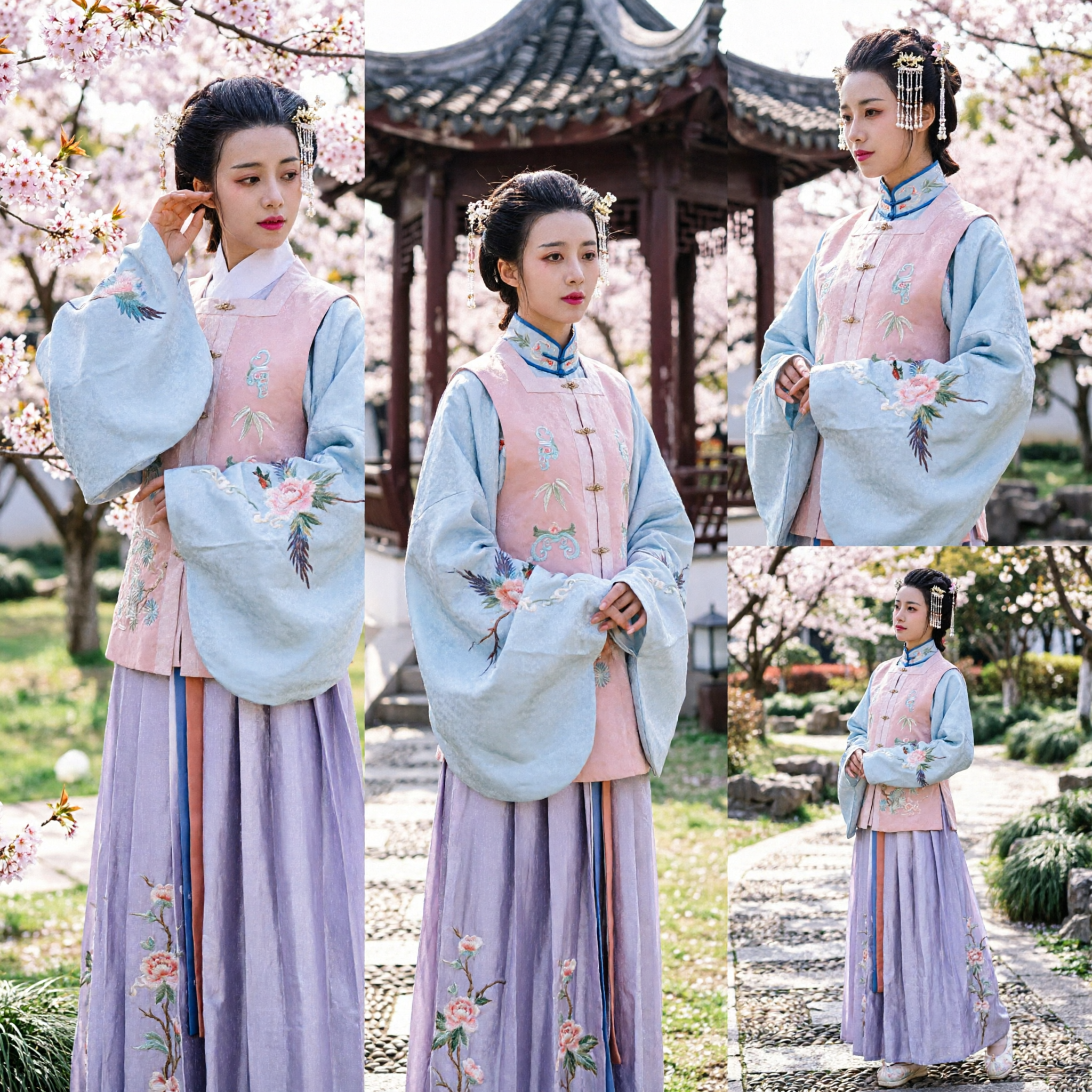 Traditional Korean Hanbok Dress for Women Pink and Blue Embroidery Wedding Ceremony Photoshoot Costume