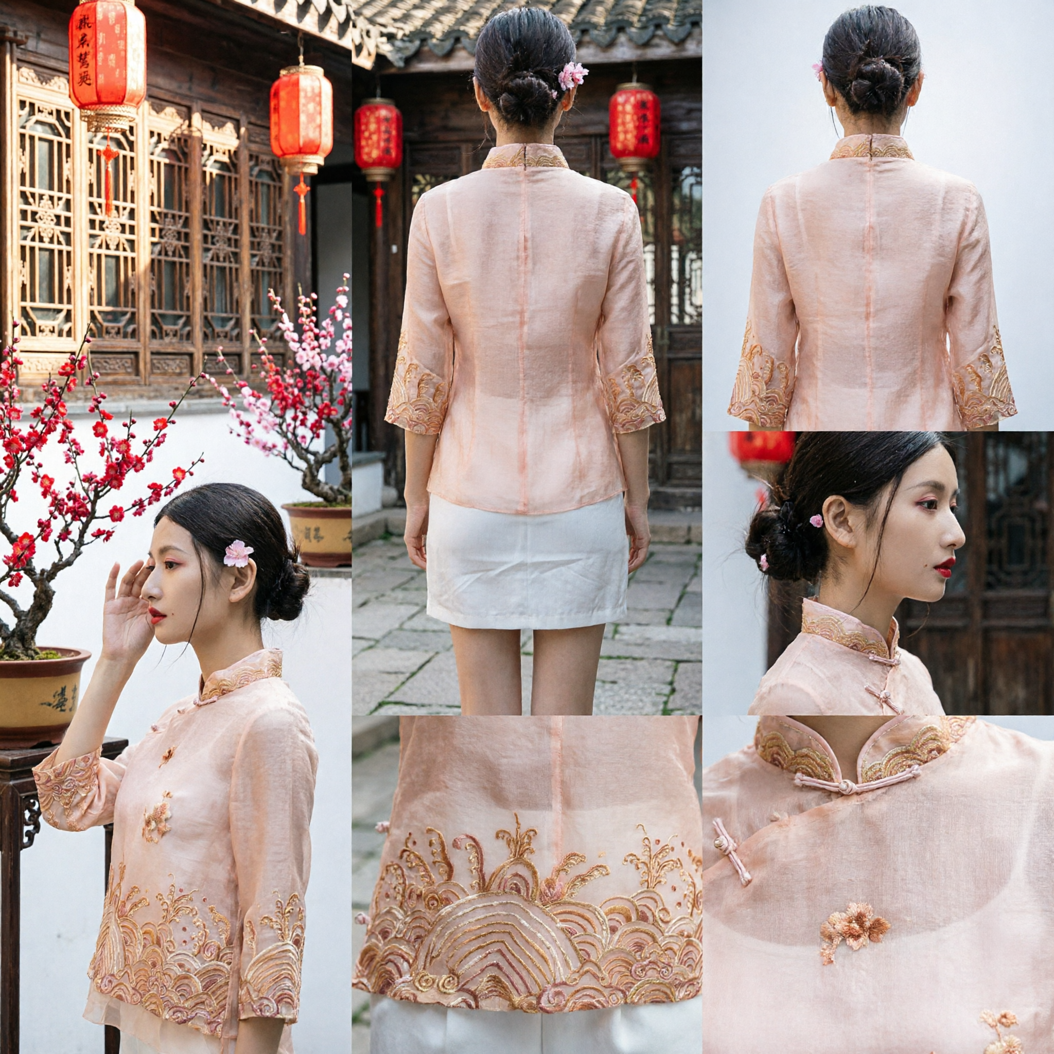 Elegant Women's Traditional Chinese Peach Tang Suit Top with Embroidery and Mandarin Collar for Tea Ceremony