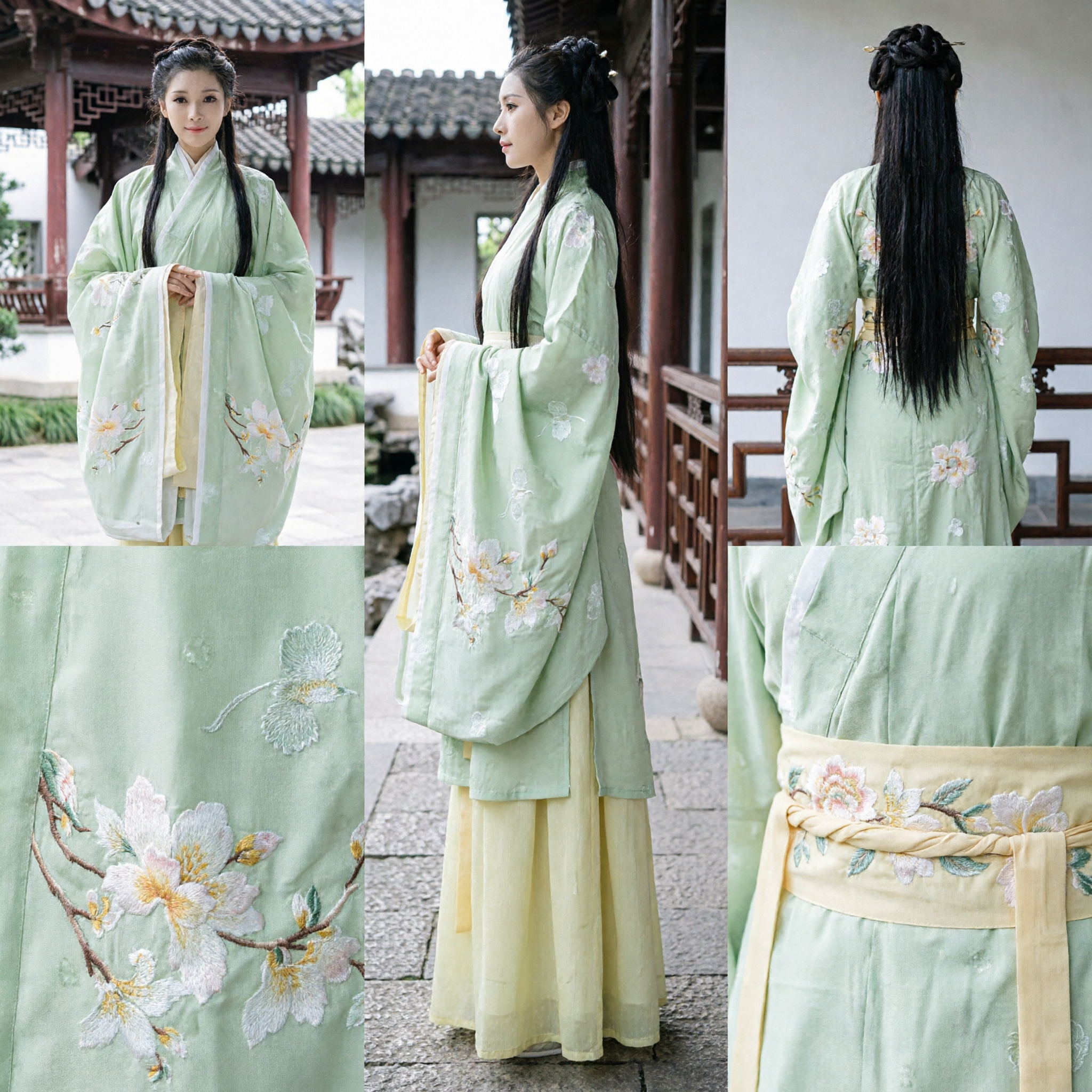 Traditional Chinese Hanfu Costume Women Ancient Princess Green Embroidered Wide Sleeve Robe and Skirt Set