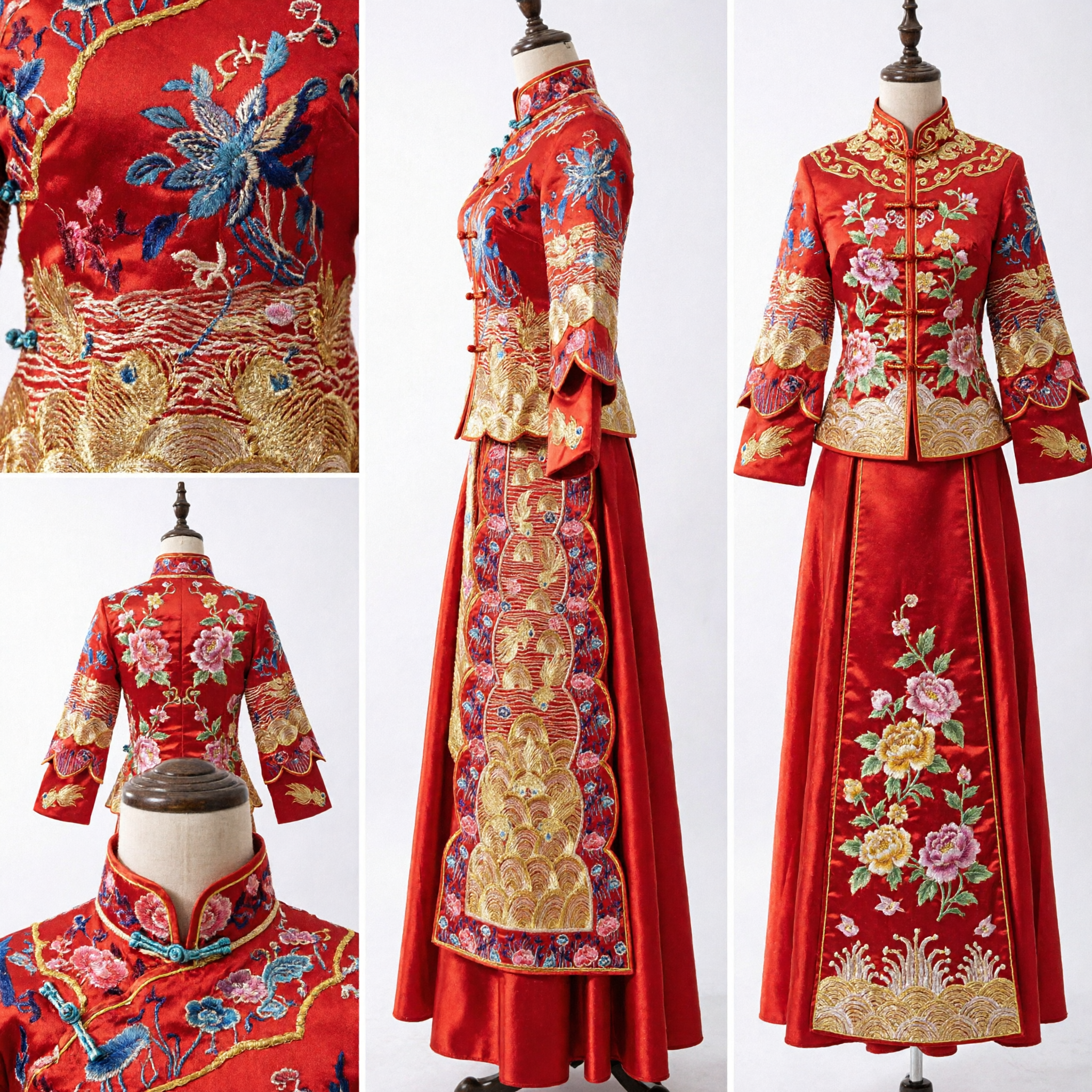 Traditional Chinese Wedding Dress Red Qun Kwa Xiuhe Suit Gold Phoenix Embroidery for Bride