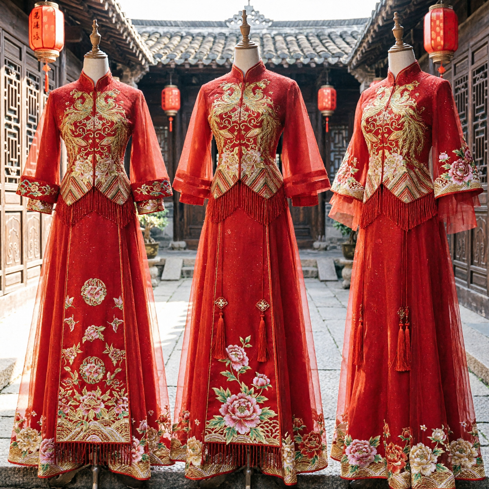 Traditional Chinese Wedding Dress Red Xiuhe Suit with Sheer Sleeves and Gold Embroidery for Bride