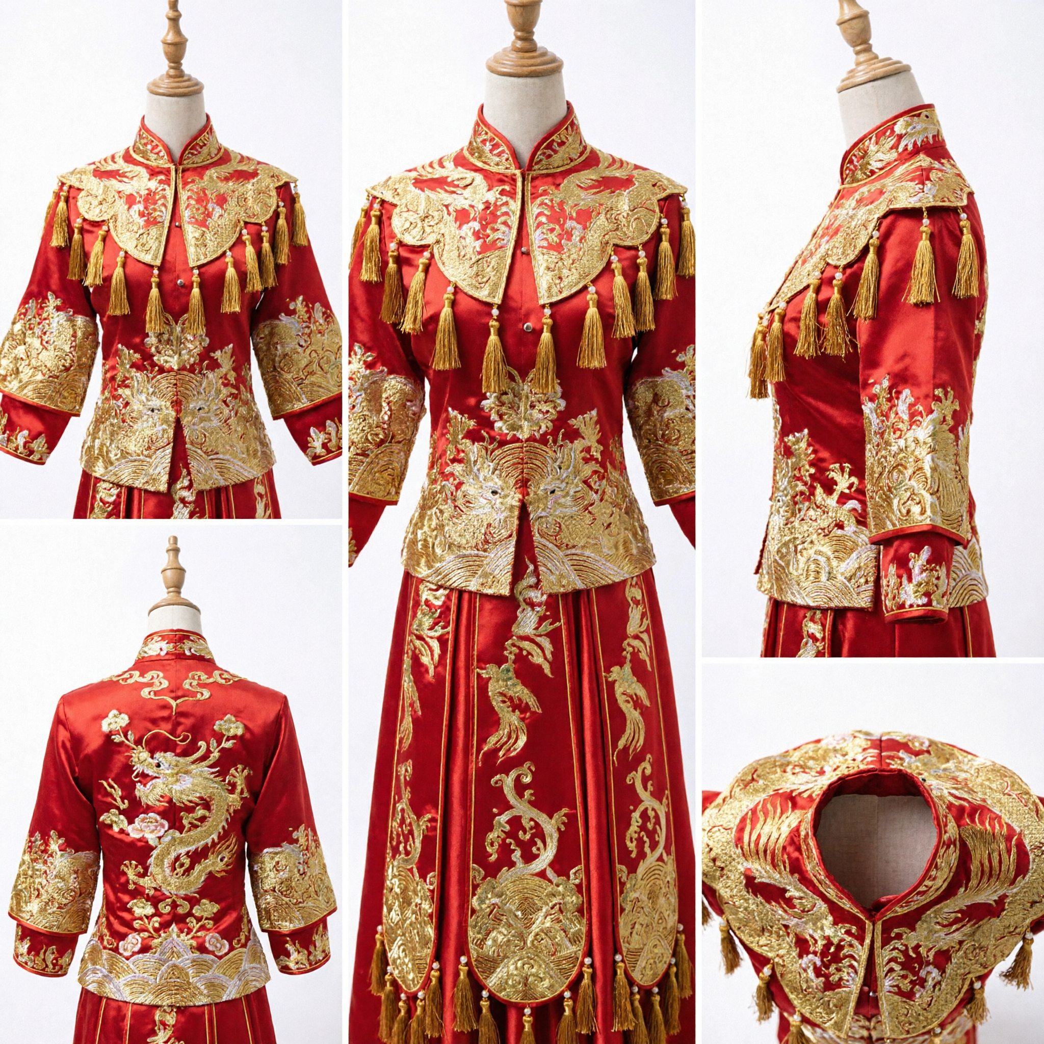 Traditional Chinese Wedding Dress Red Xiuhe Suit Gold Embroidery Tassel Bride Gown for Ceremony