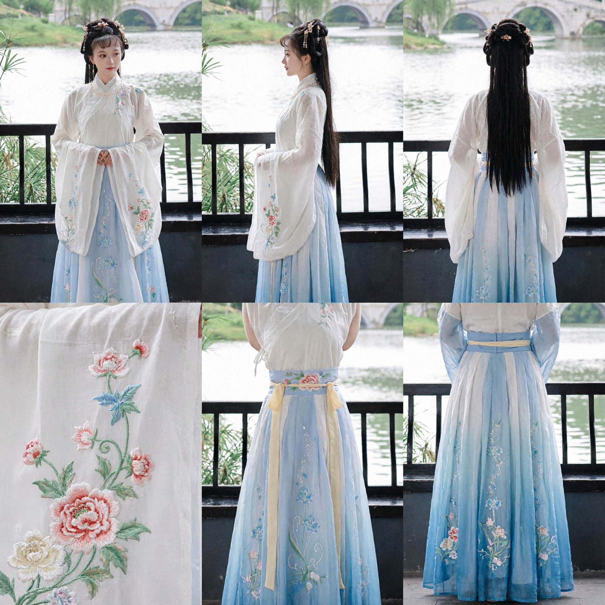 Traditional Chinese Hanfu Dress Ming Dynasty Style Embroidered Floral White Top Blue Skirt Costume for Women