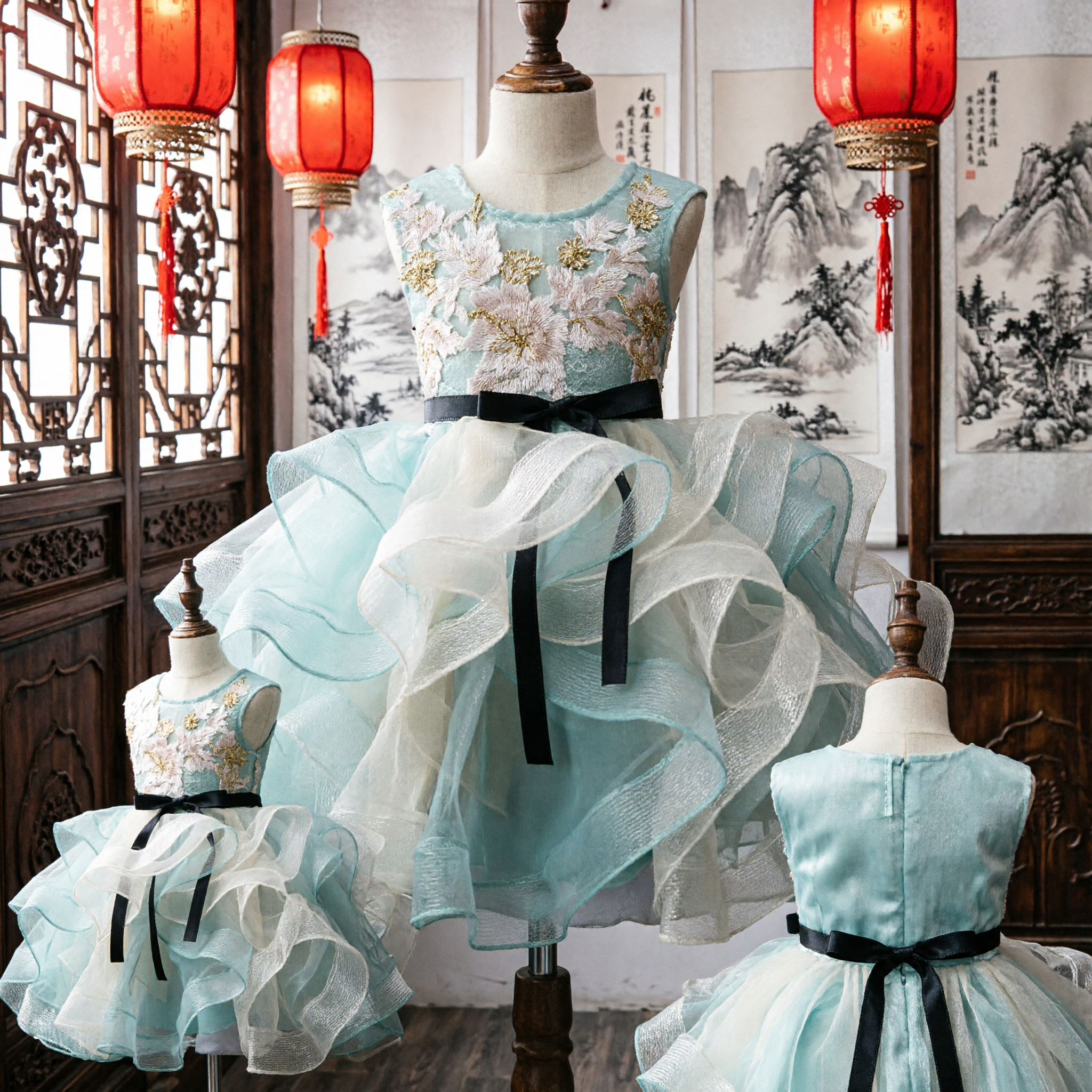 Kids Girls Blue Floral Cheongsam Tutu Dress Traditional Chinese Dance Performance Costume Princess Party Gown