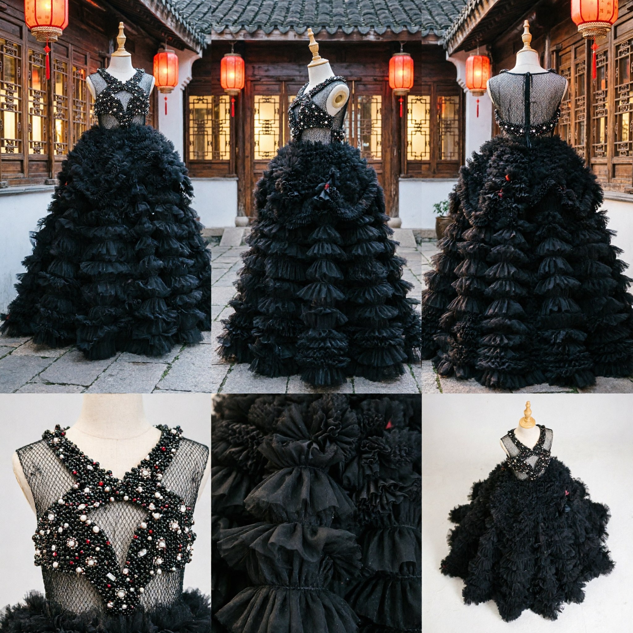 Elegant Black Sequined Flower Girl Dress with Tiered Ruffled Tulle Skirt for Kids Pageant Gown
