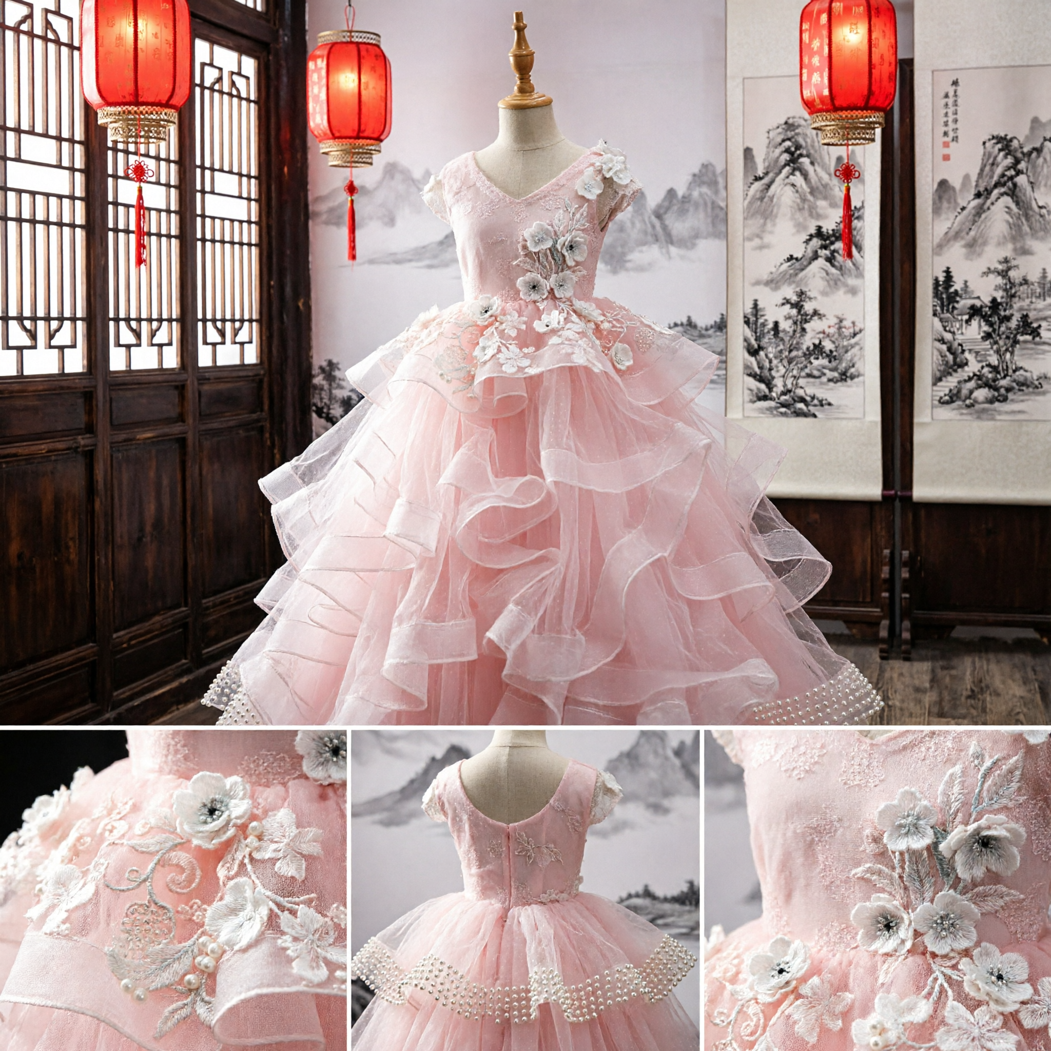 Pink Kids Flower Girl Ball Gown Wedding Pageant Dress with Ruffled Tulle Skirt and Floral Appliques