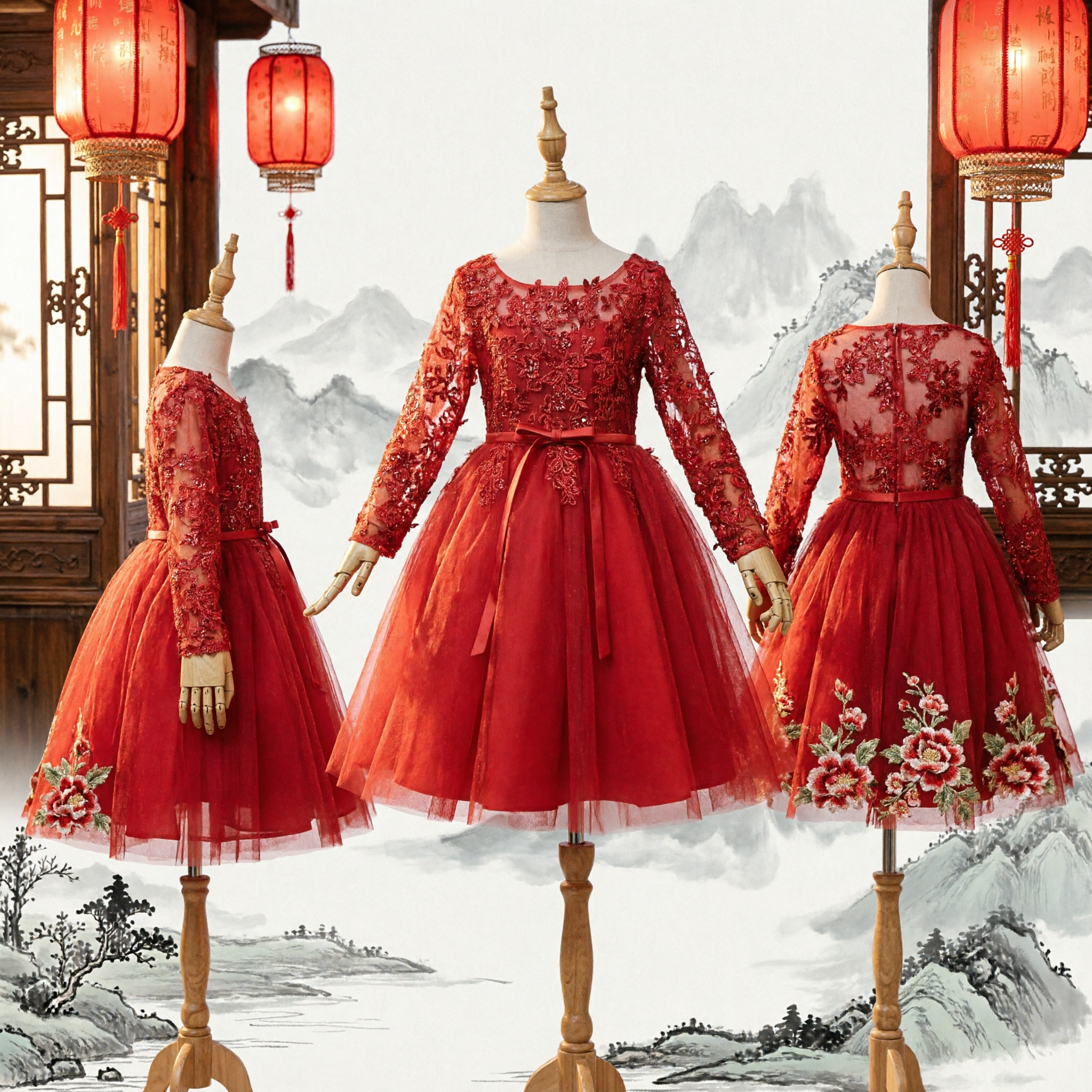 Kids Red Long Sleeve Lace Flower Girl Dress Formal Wedding Party Tulle Princess Gown for Girls