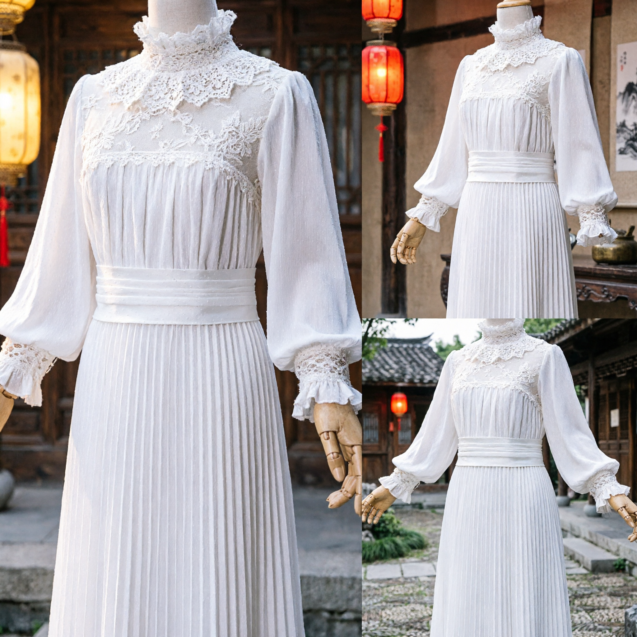 Elegant White Ancient Chinese Costume Women Traditional Dress High Neck Lace Cuff Pleated Skirt Stage Performance Outfit