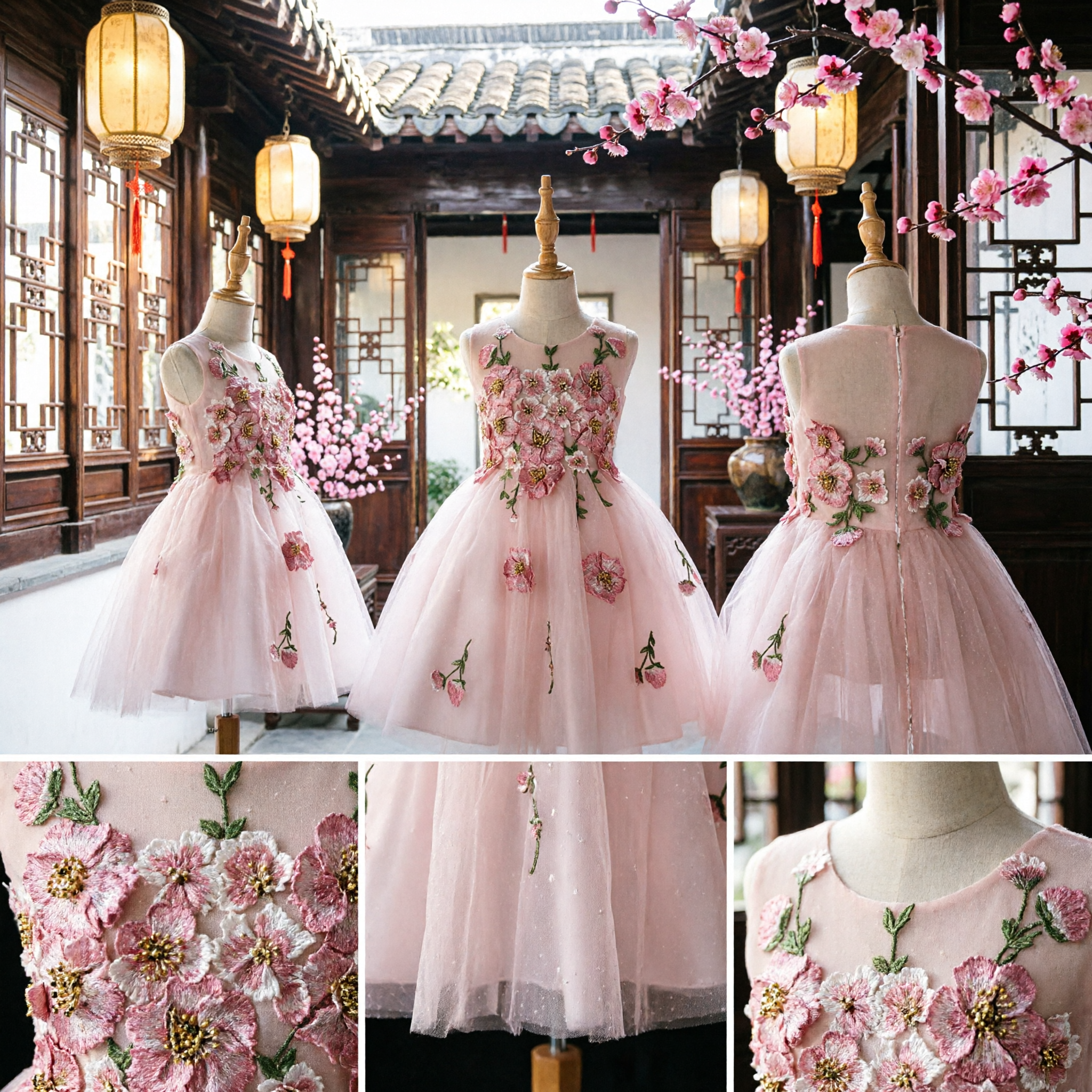 Elegant Pink Floral Embroidery Tulle Princess Dress for Girls Kids Flower Girl Wedding Party Gown