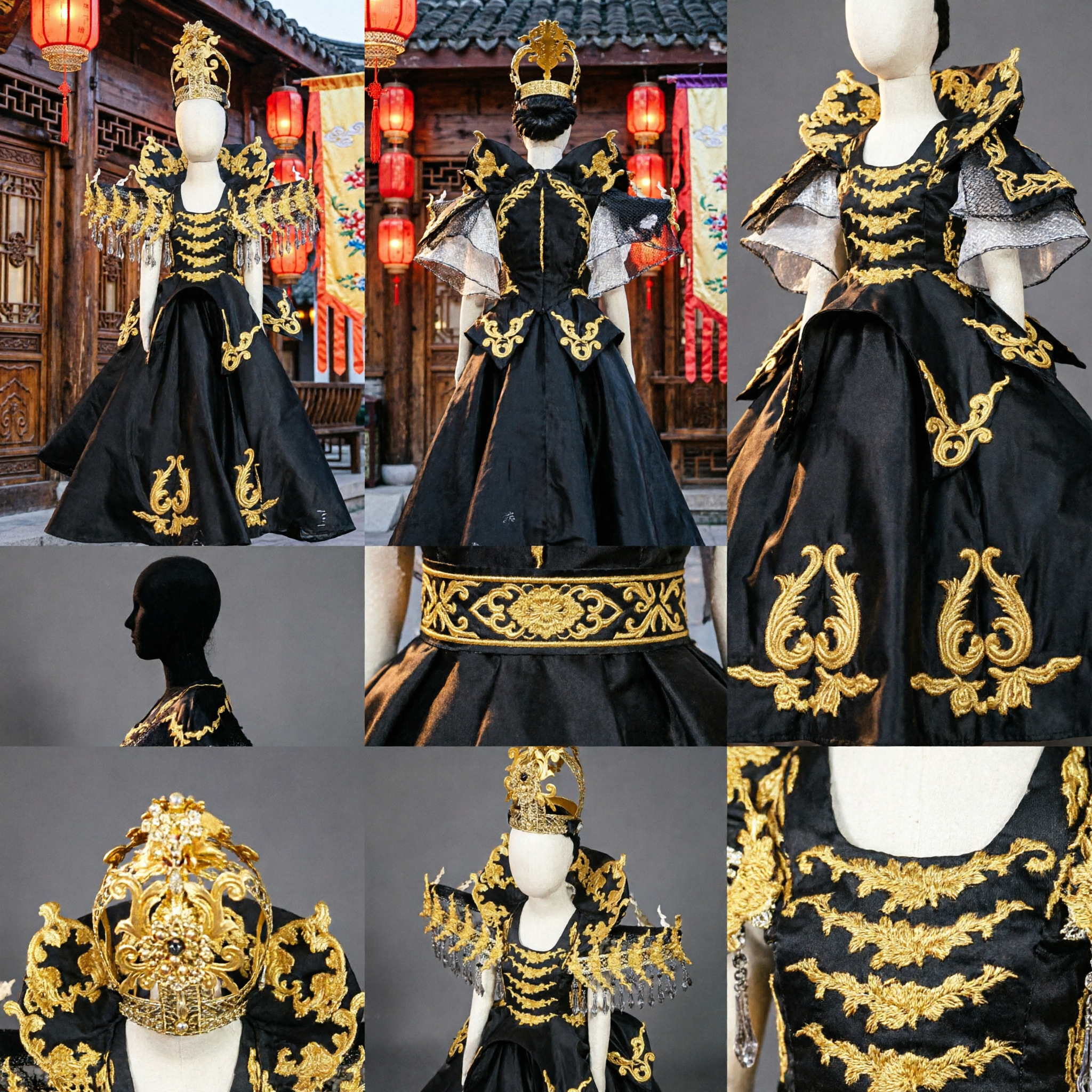 Traditional Chinese Black Gold Ancient Queen Empress Costume Dress with Crown for Stage Performance Dance