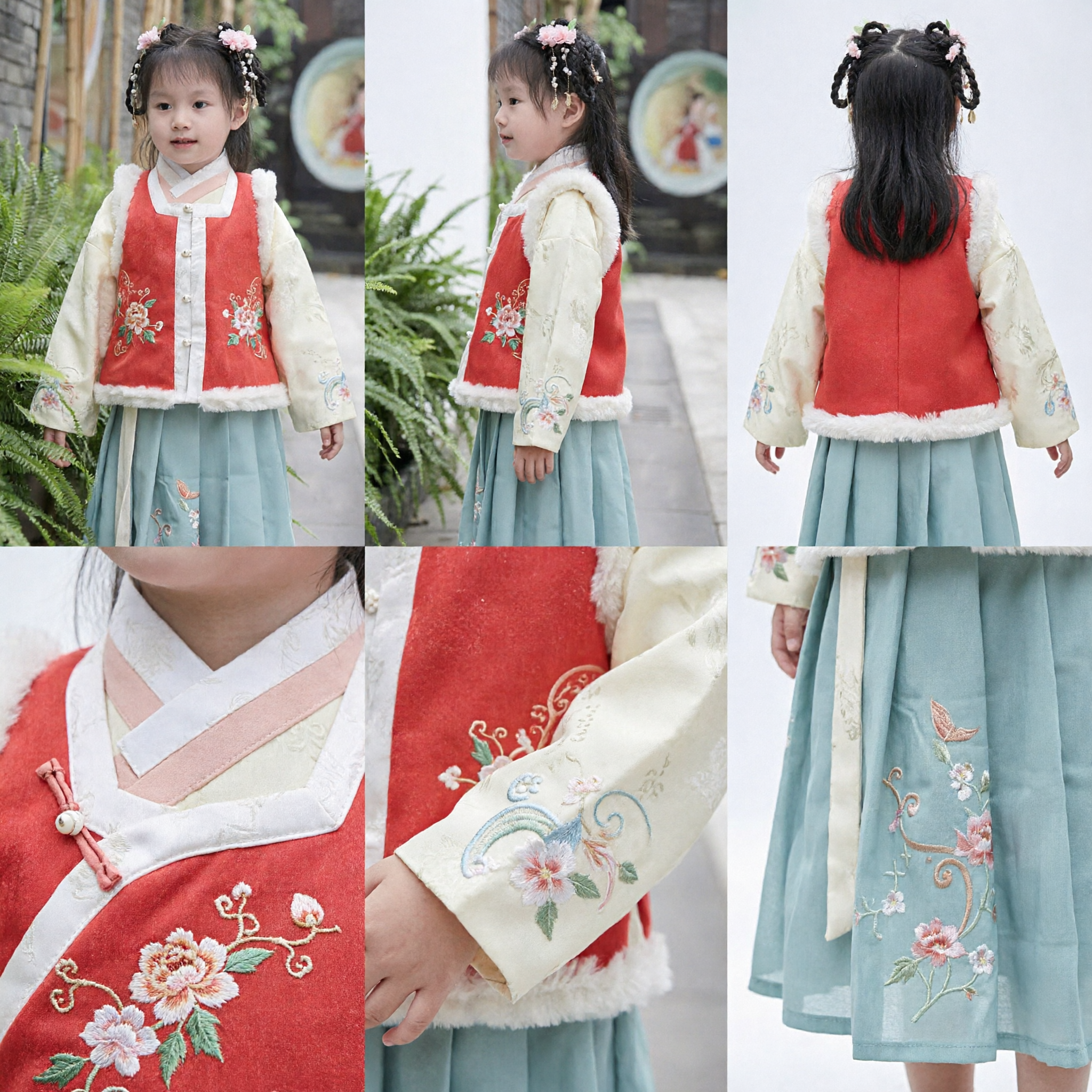Traditional Chinese Hanfu for Girls Winter Warm Red Vest with Fur Trim Embroidered Skirt Costume Set