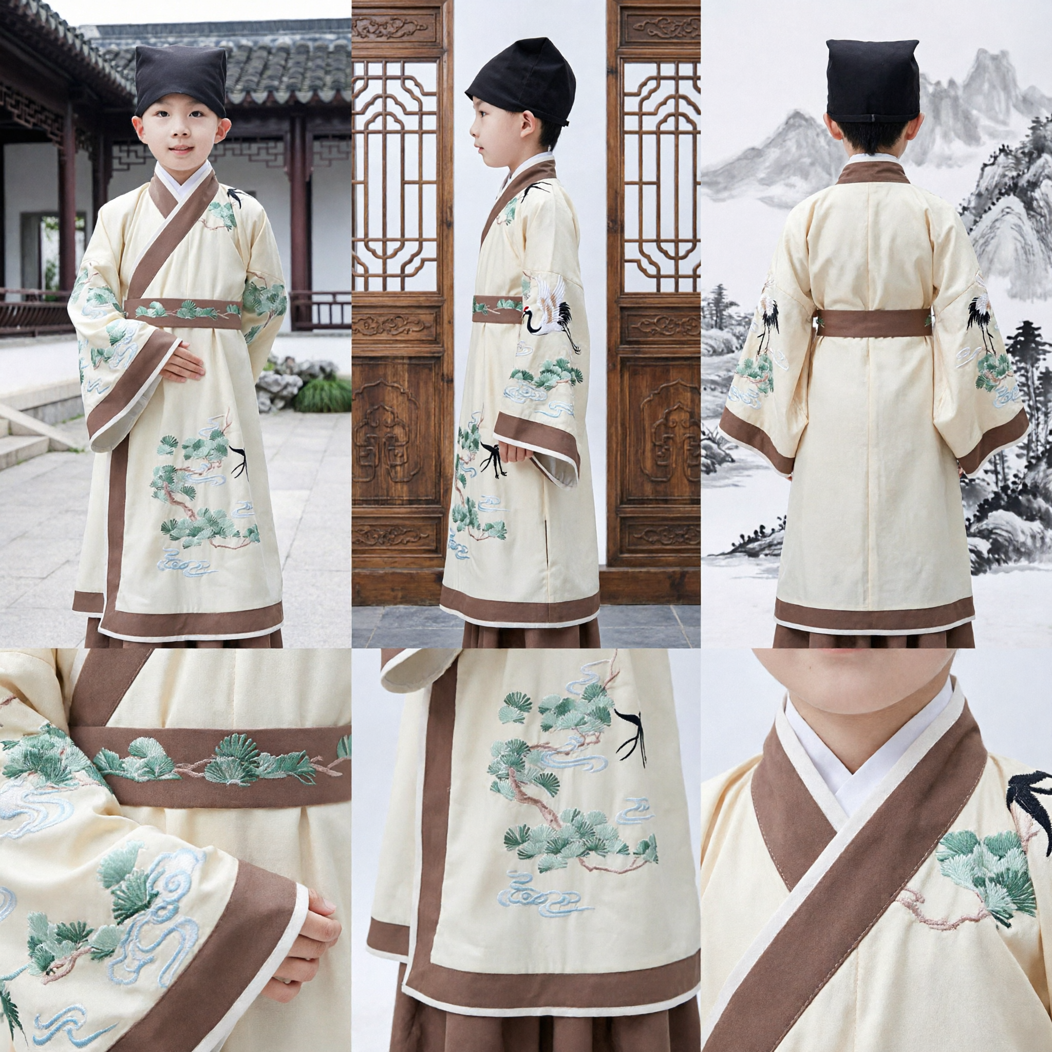 Traditional Chinese Hanfu Costume for Boys Ancient Scholar Robe Cream Embroidery Kids Clothing