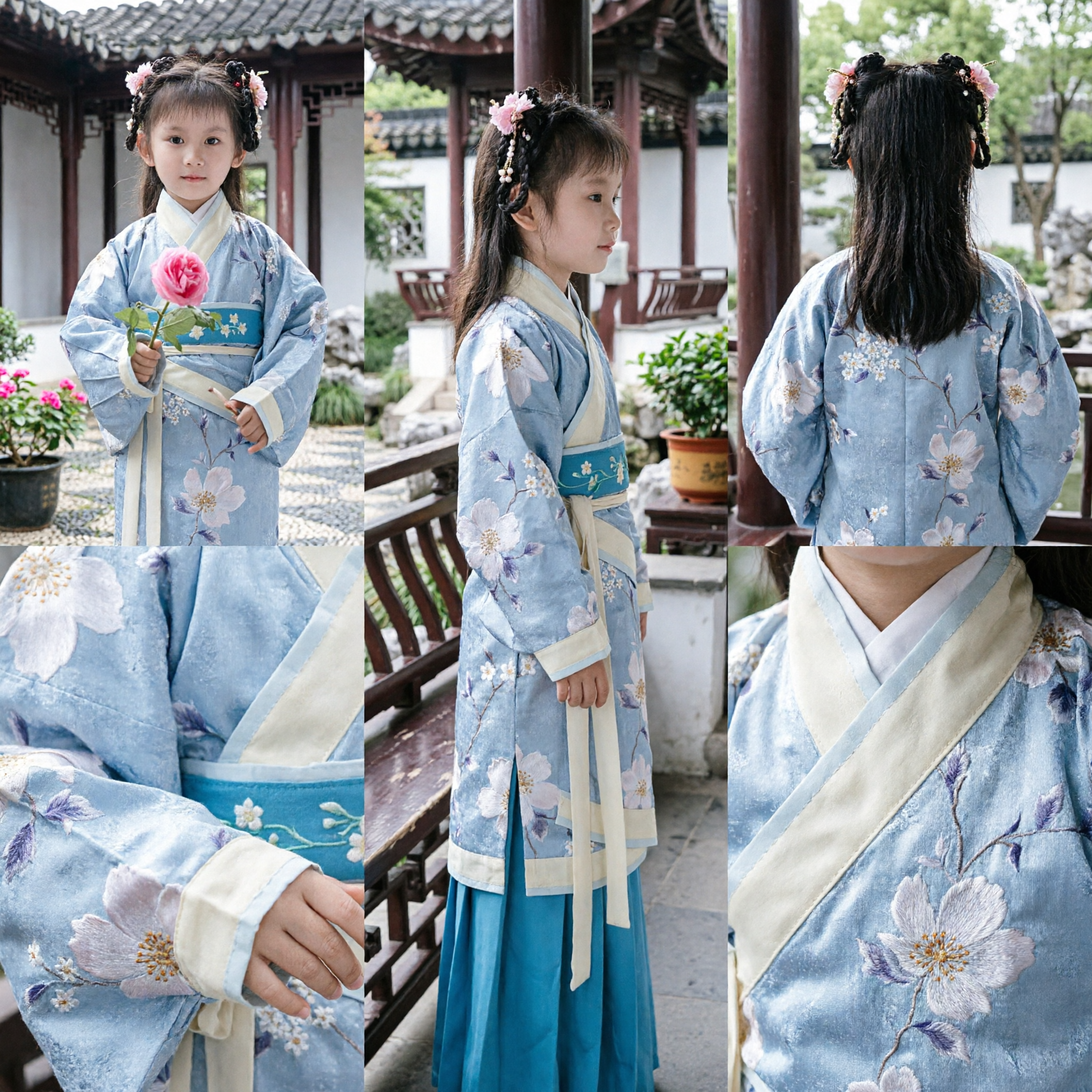 Kids Girls Traditional Chinese Hanfu Costume Blue Floral Ancient Princess Dress for Performance