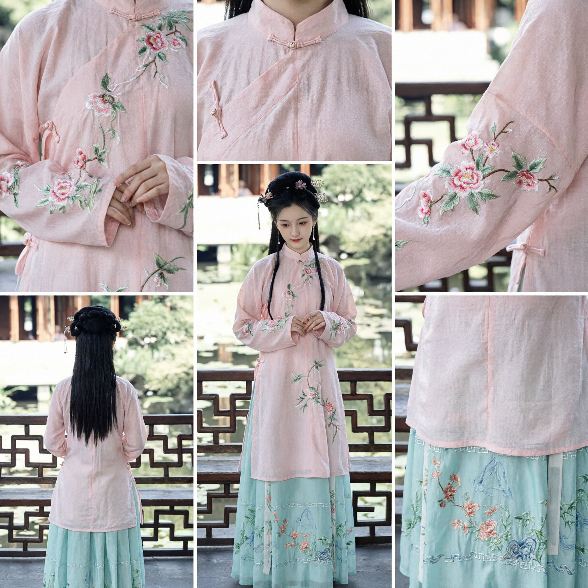 Traditional Chinese Hanfu Costume for Women Pink Embroidered Top and Blue Skirt Ancient Dynasty Dress
