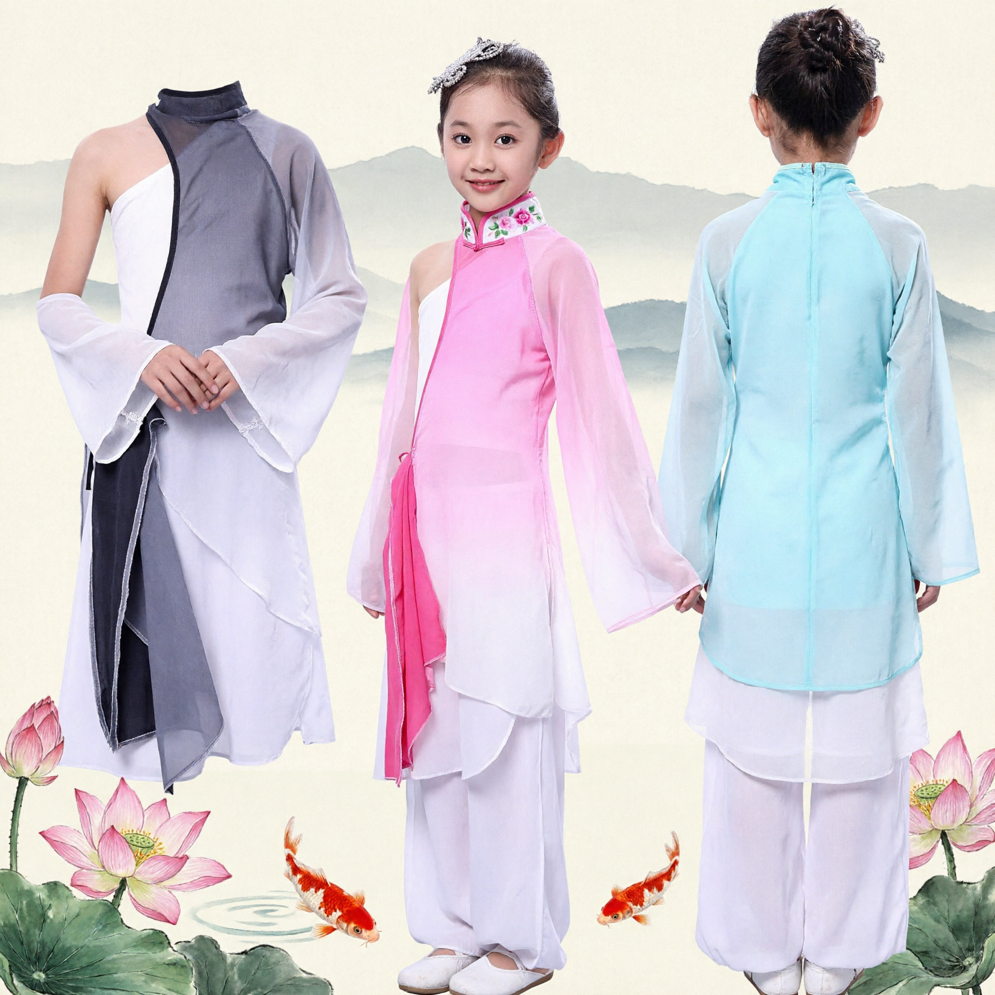 Kids Girls Traditional Chinese Dance Costume Classical Folk Fan Dance Performance Outfit Stage Wear Set