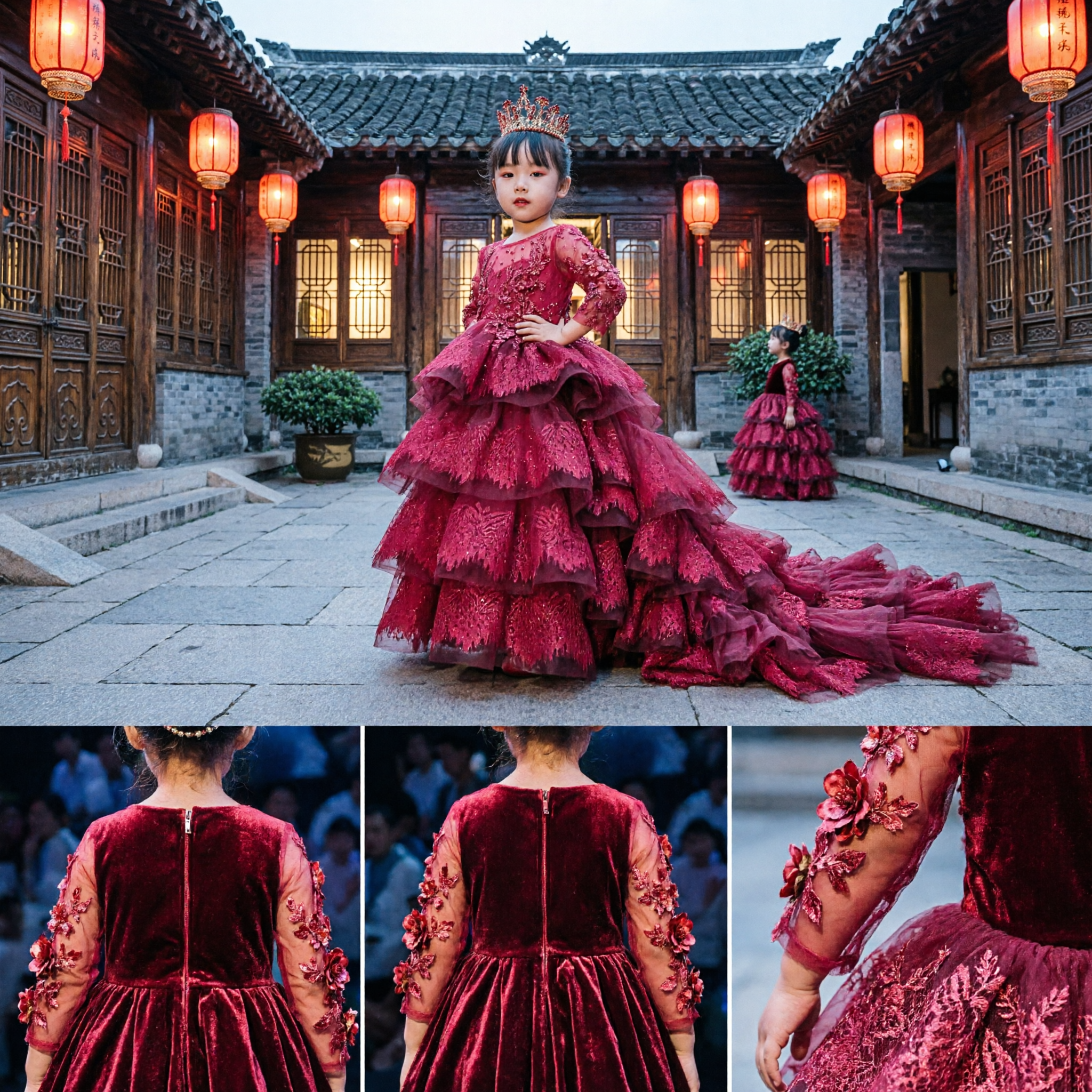 Girls Red Lace Ball Gown Long Train Pageant Dress Formal Wedding Flower Girl Evening Gown