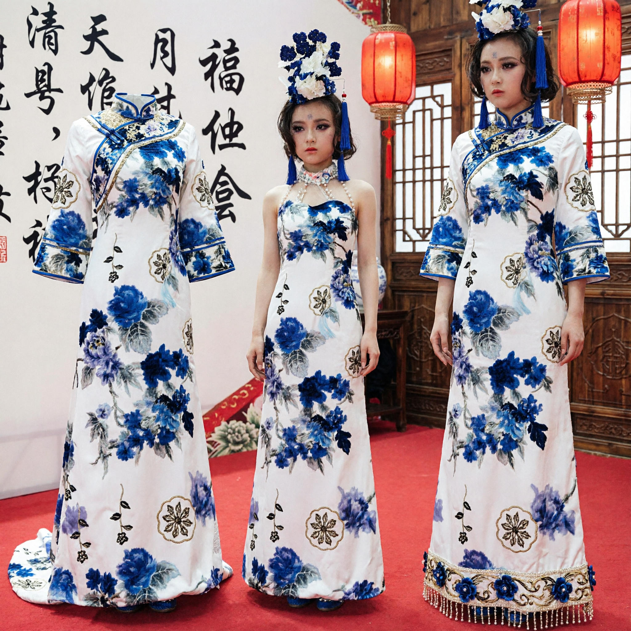 Elegant Blue and White Porcelain Print Cheongsam Evening Gown with Traditional Headdress for Cultural Pageants and Stage Shows