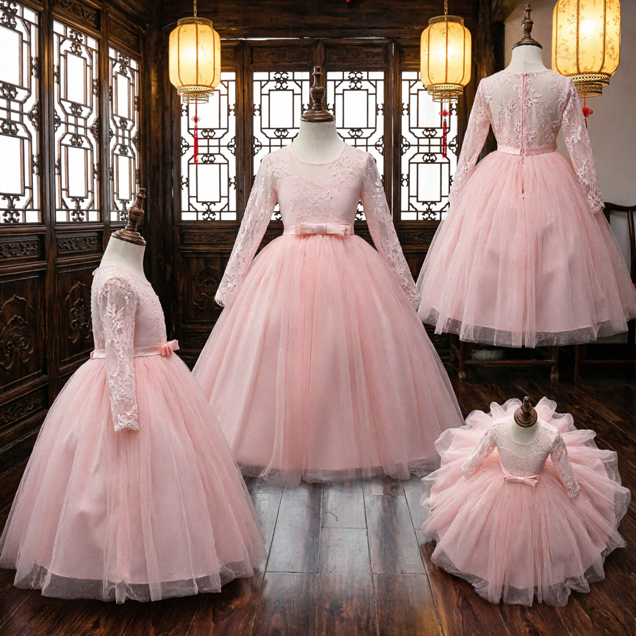 Elegant Pink Lace Long Sleeve Flower Girl Dress Princess Tulle Ballgown for Wedding Party Formal Occasion Kids
