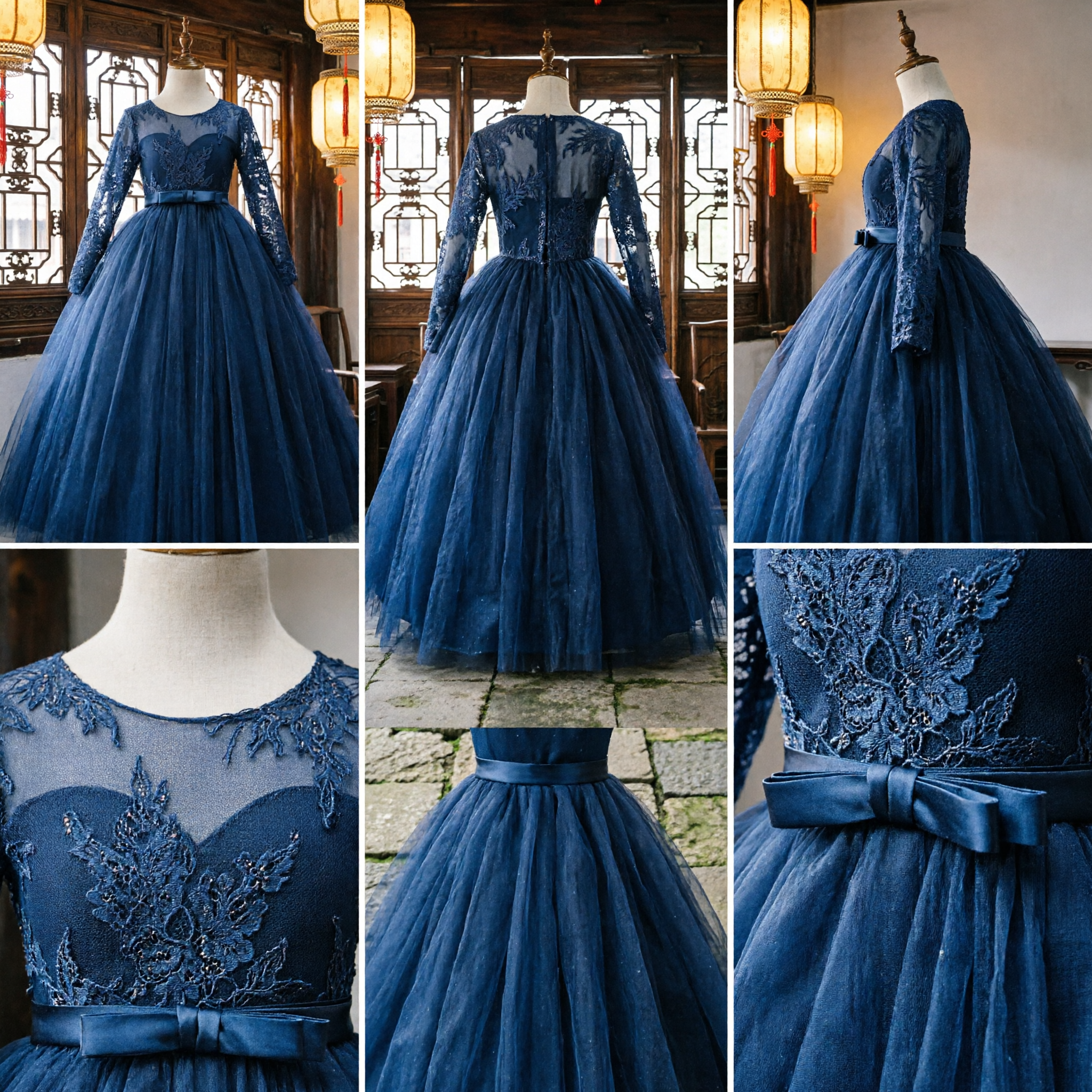 Elegant Navy Blue Long Sleeve Lace Bodice Tulle Ball Gown Formal Dress for Girls Wedding Party