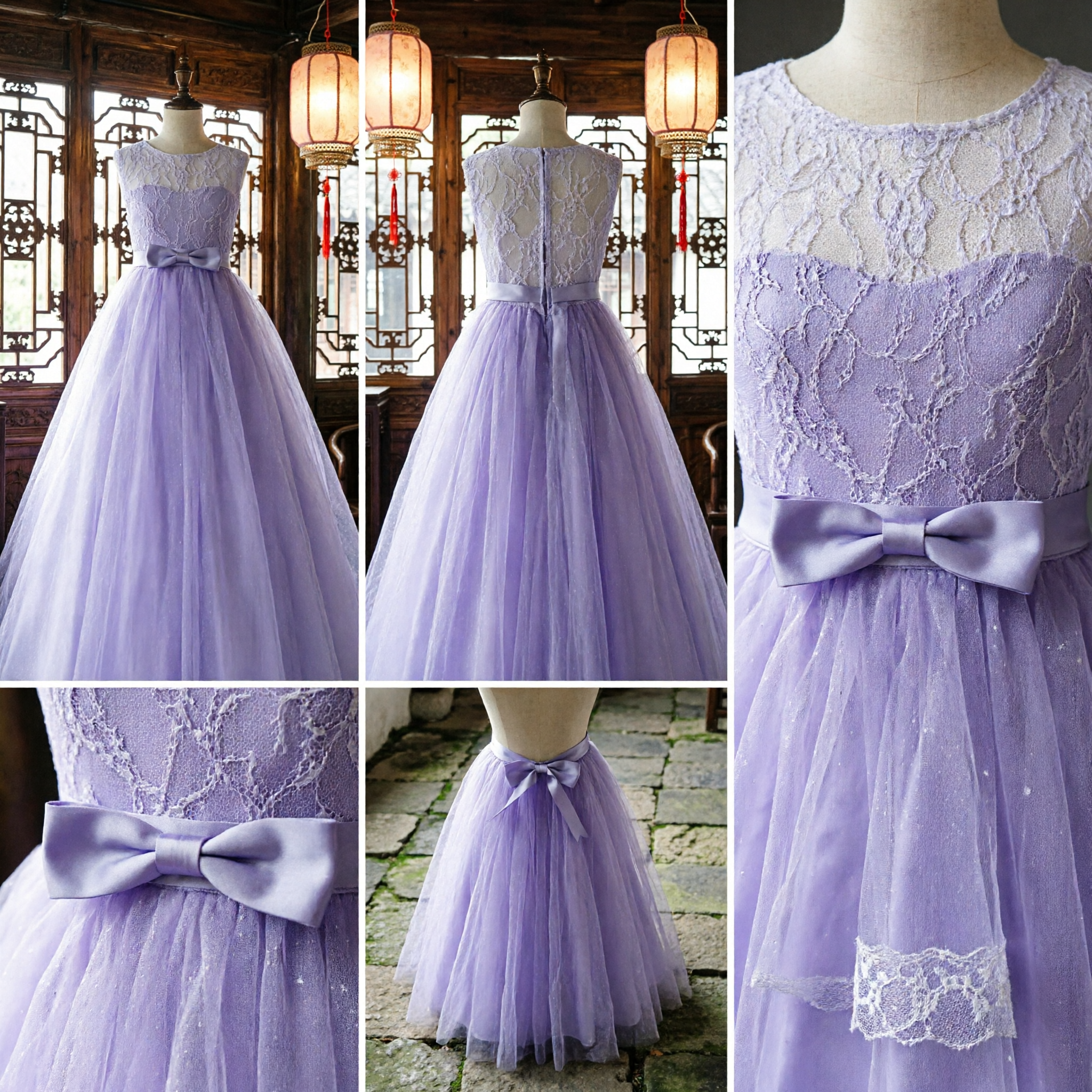 Elegant Purple Lace Flower Girl Dress Long Tulle Ballgown for Kids Wedding Party Formal Wear