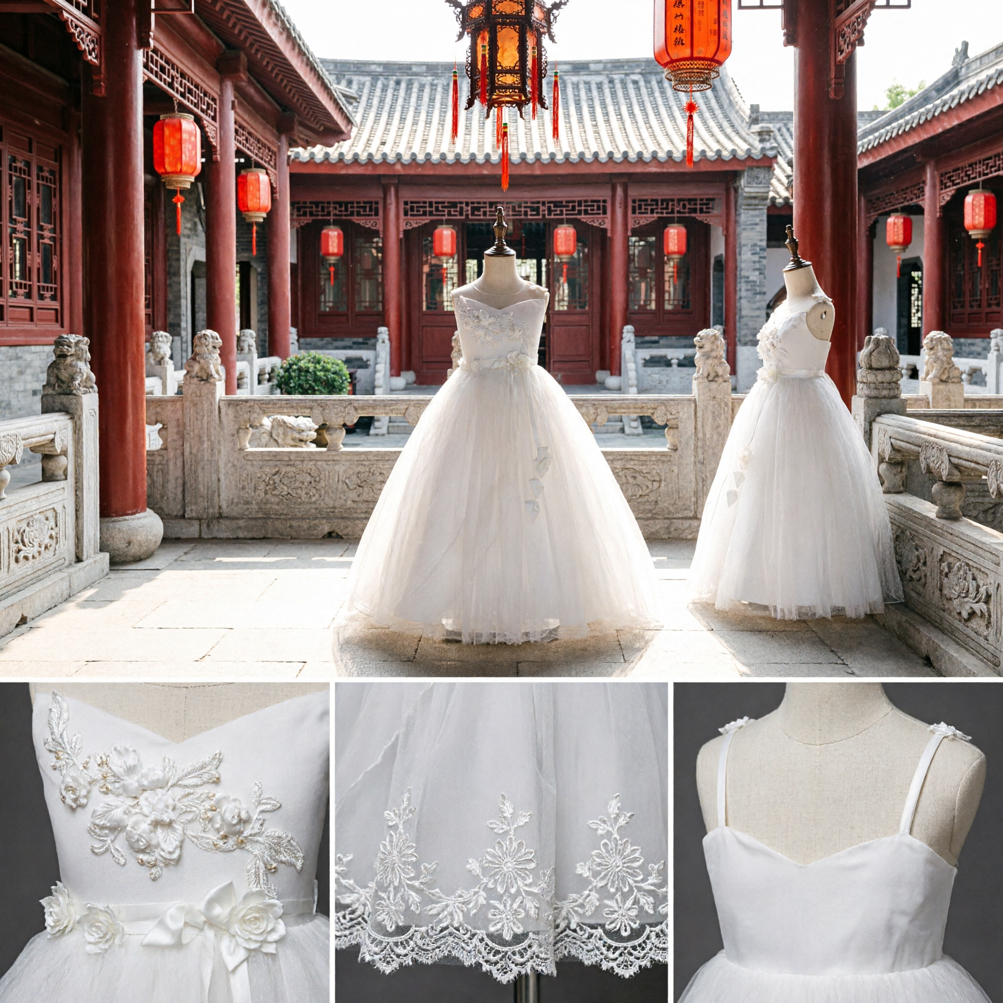 Elegant White Flower Girl Dress Long Tulle Ball Gown with 3D Floral Applique for Wedding First Communion