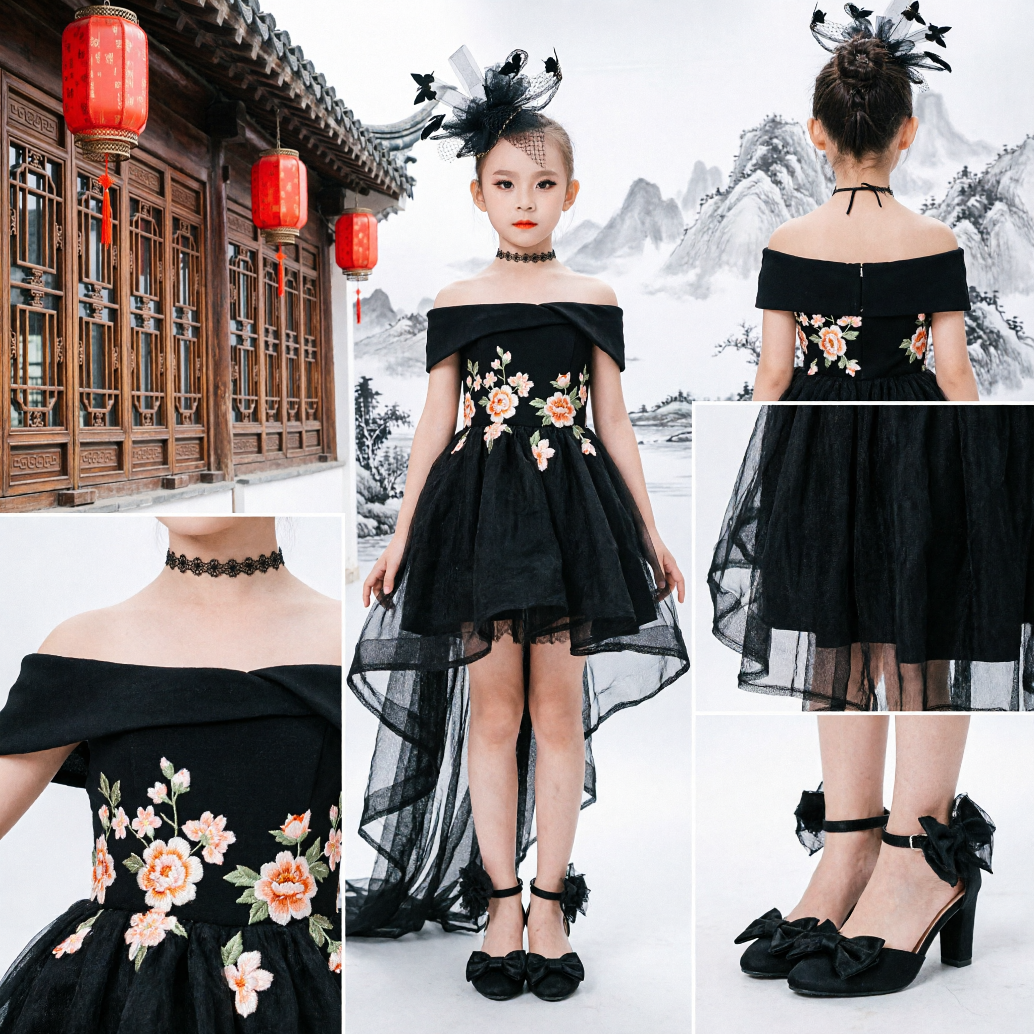 Elegant Black High-Low Off-Shoulder Dress for Girls with Floral Applique for Stage Performance and Pageants