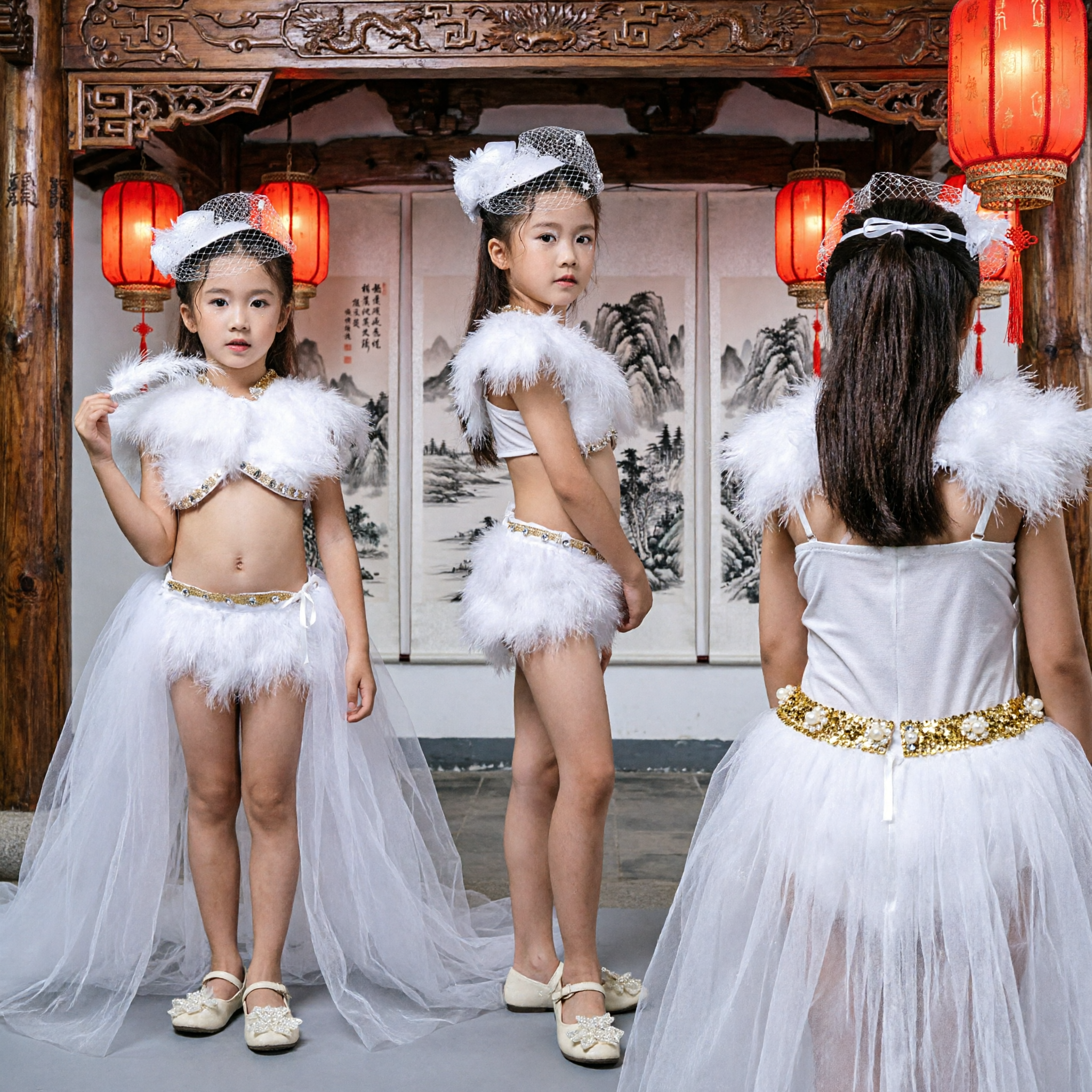 Girls White Feather Swan Dance Costume Kids Stage Performance Tutu Dress Set with Capelet and Hat