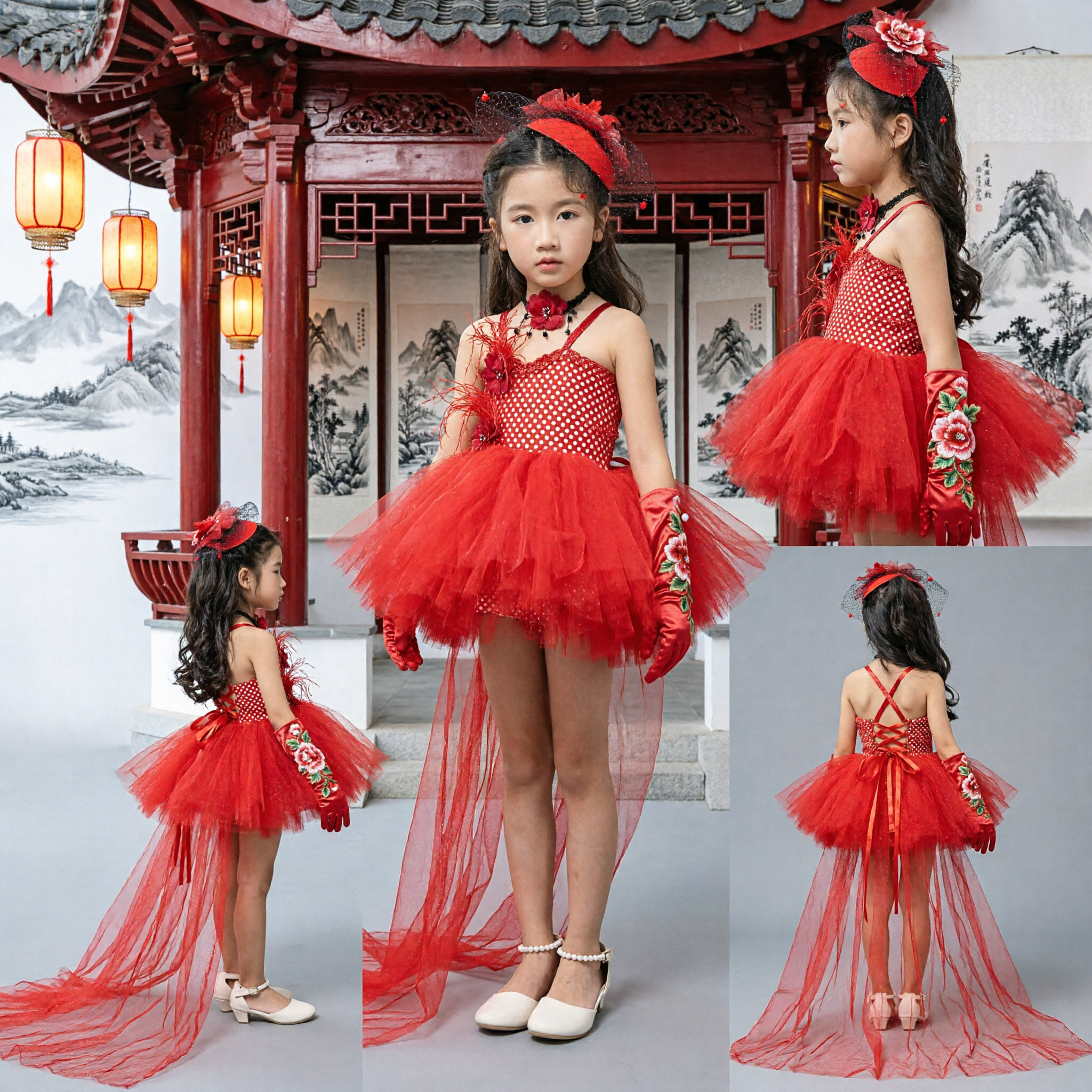 Girls Red Sequin Latin Dance Costume Kids Tutu Dress with Feather Headpiece and Gloves for Stage Performance