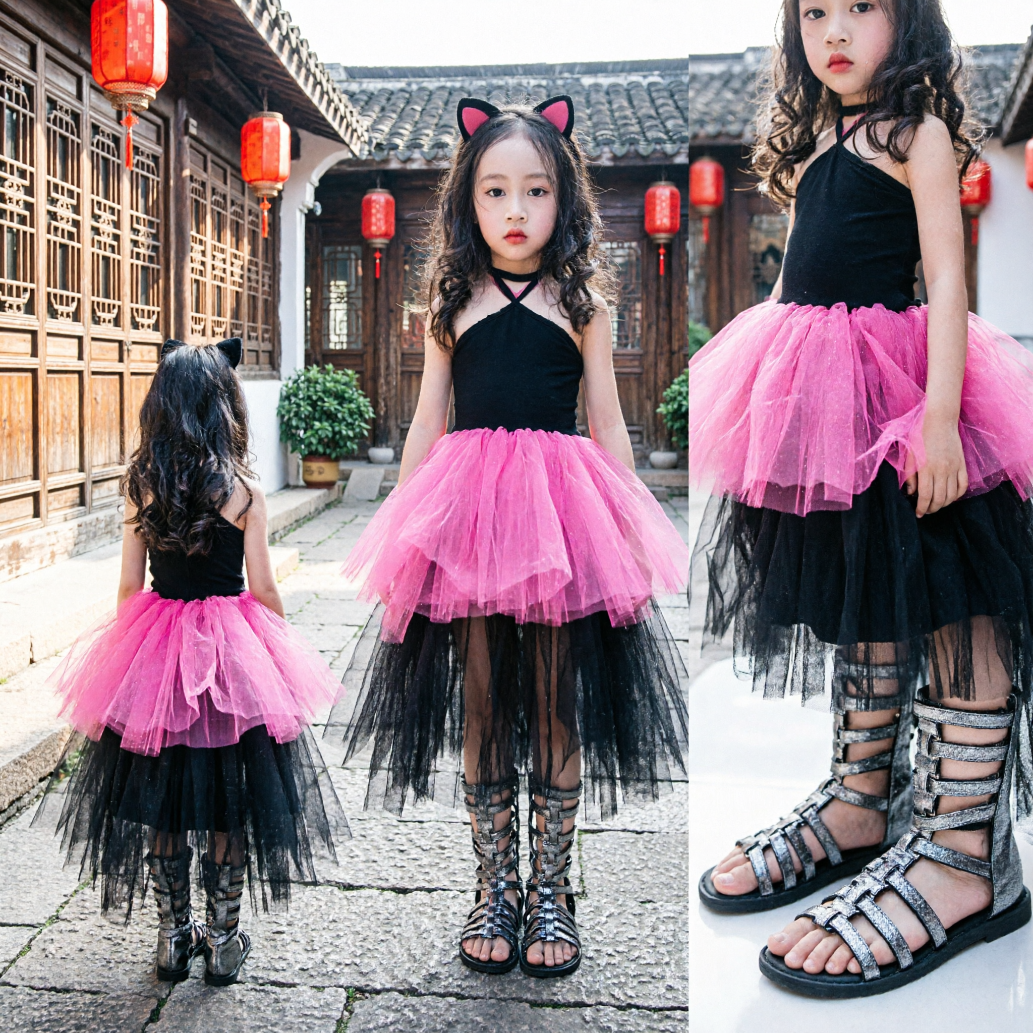 Girls Black Cat Tutu Dress Halloween Costume Kids Stage Performance Dance Party Outfit with Ears