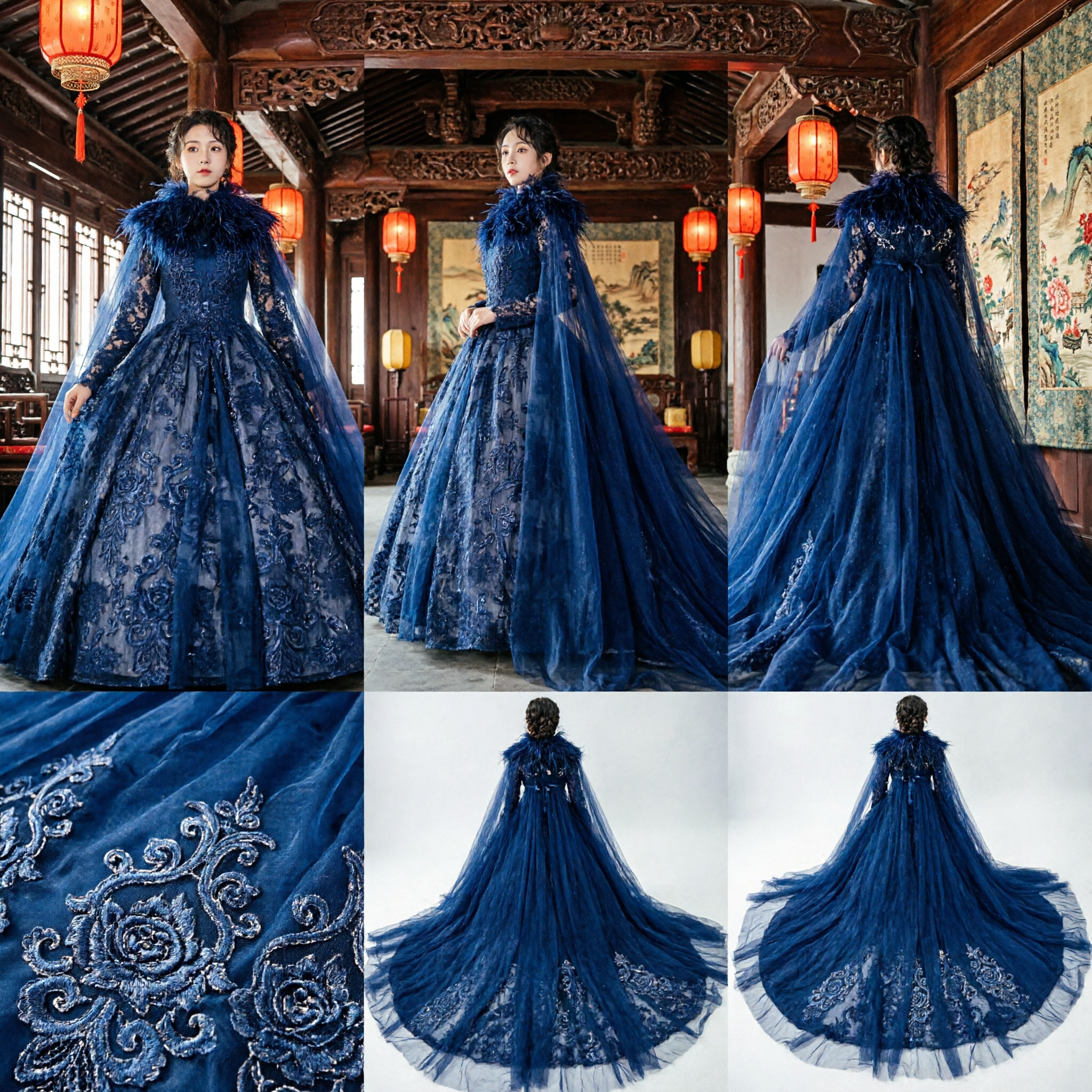 Navy Blue Lace Princess Ball Gown with Feather Collar for Girls Kids Stage Performance Costume