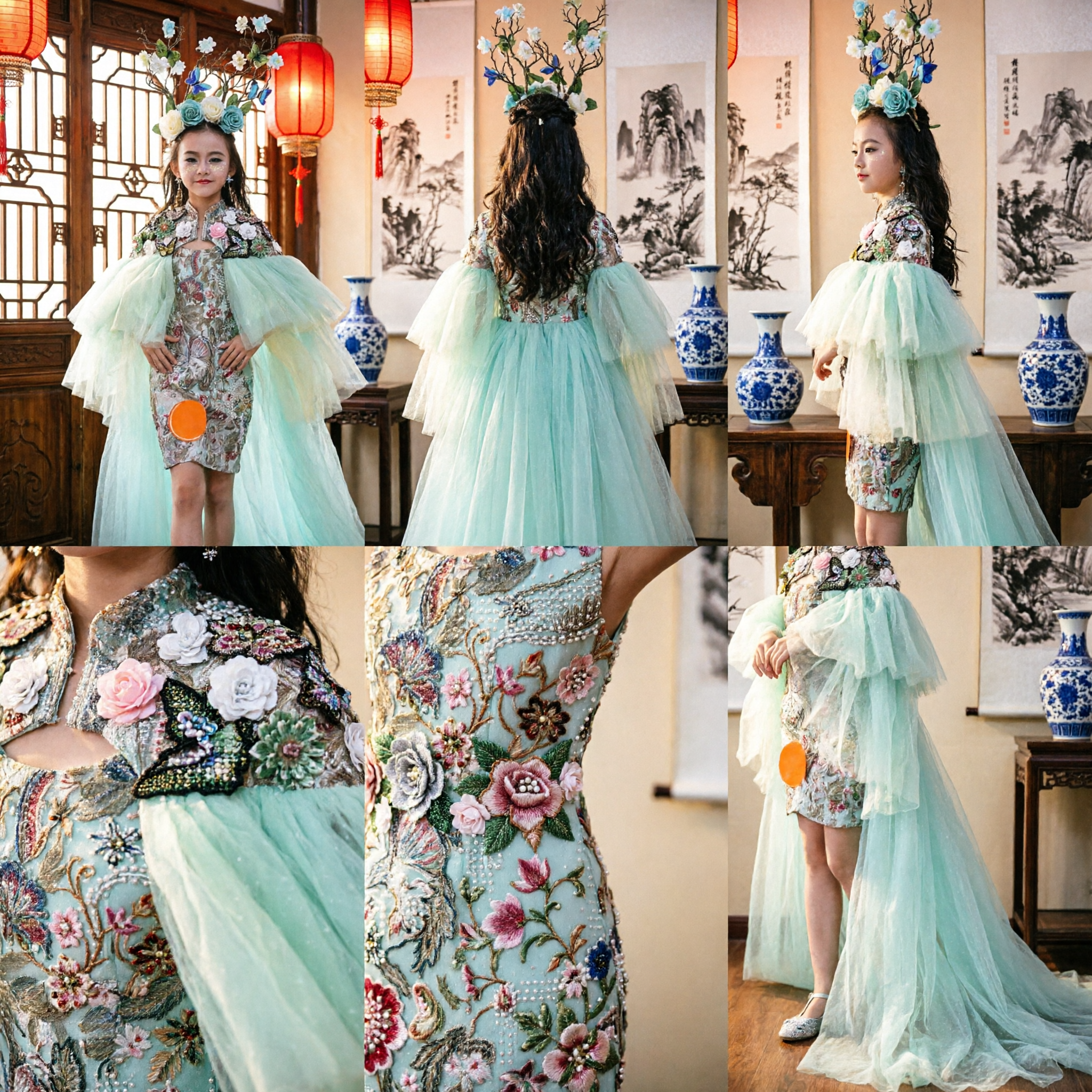 Girls Floral Cheongsam Dress with Green Tulle Cape and Butterfly Headpiece for Kids Runway Performance