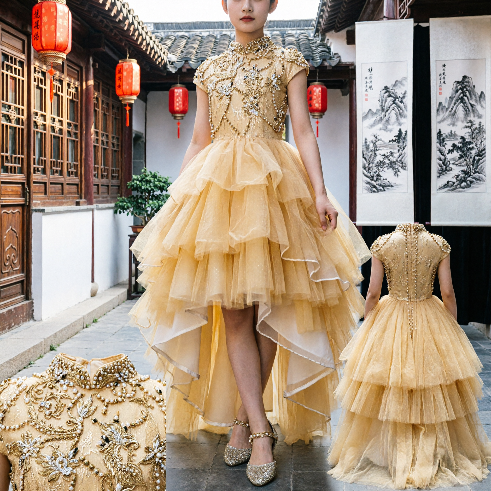 Girls Golden Sequin High-Low Ball Gown with Tiered Tulle Skirt for Wedding Party and Stage Show