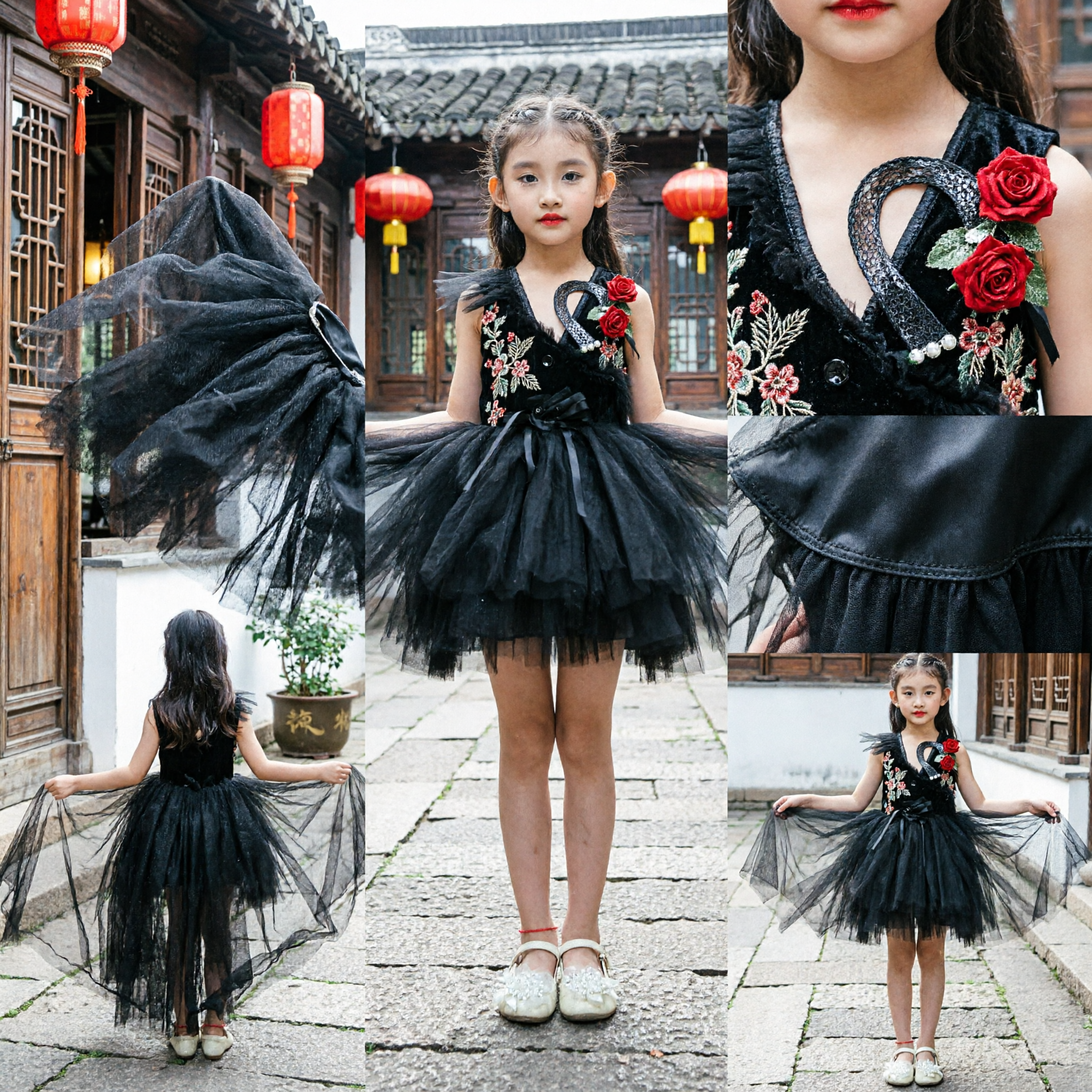 Girls Black Swan Latin Dance Dress Kids Stage Performance Costume Tutu Skirt for Recital
