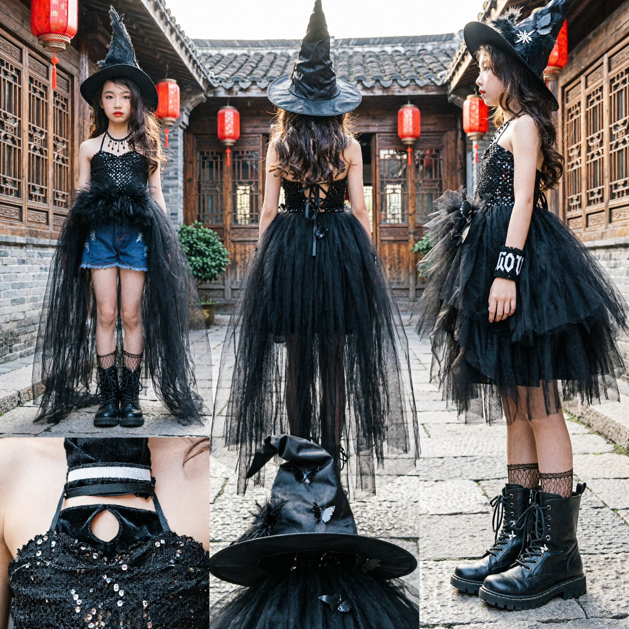 Girls Edgy Rock Witch Halloween Costume Black Tulle Train Denim Shorts Cosplay Outfit
