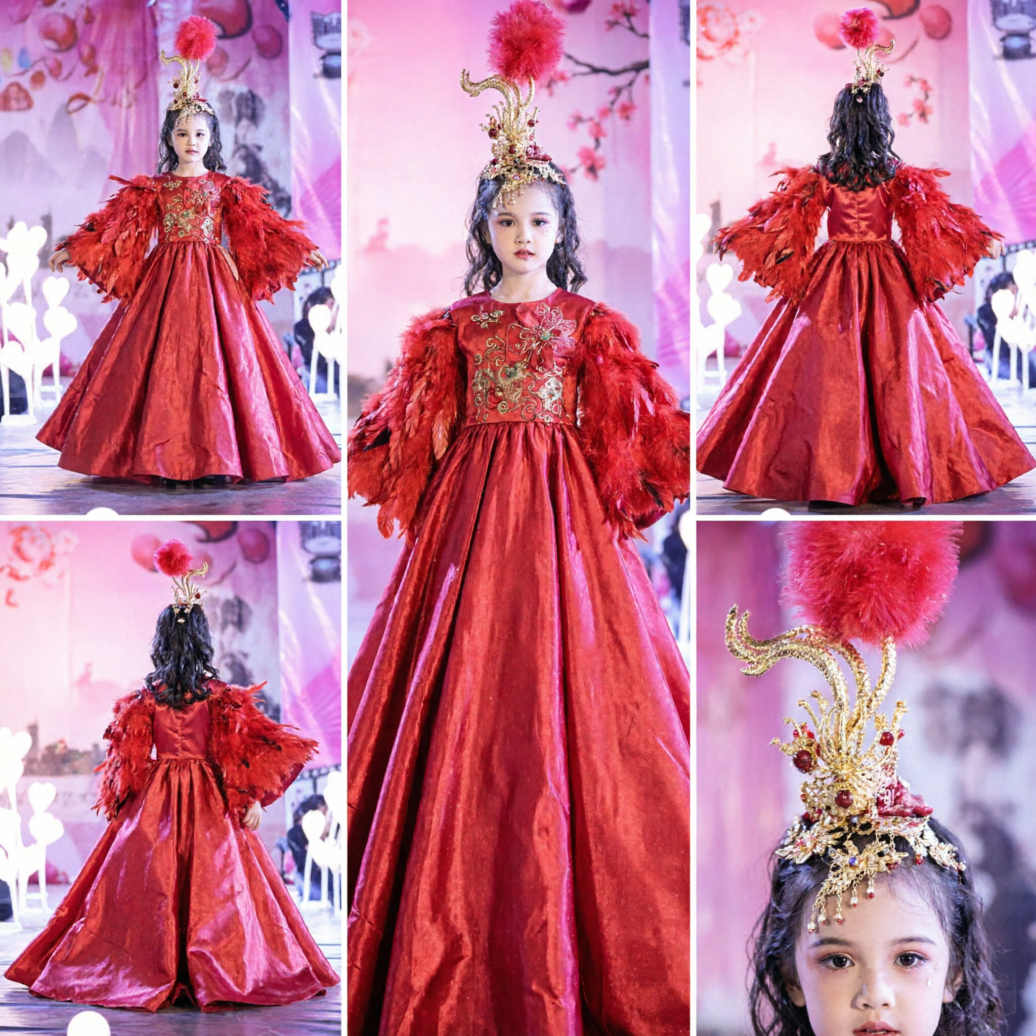 Girls Red Feather Ballgown Stage Performance Dance Costume Kids Formal Dress with Gold Crown