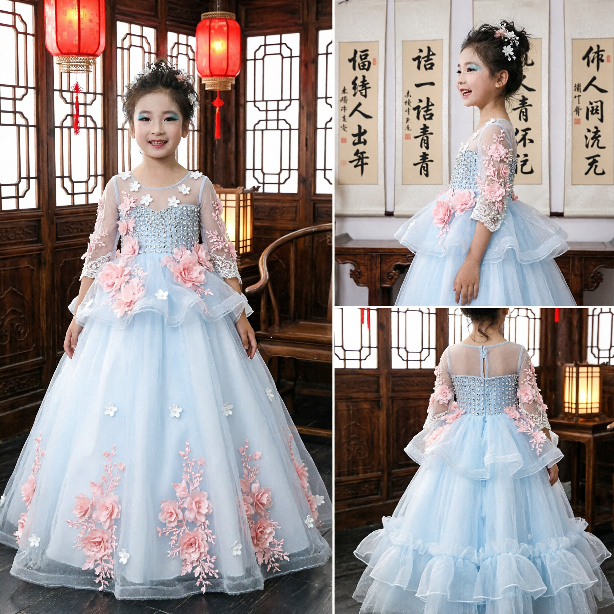 Kids Girls Blue Tulle Princess Dress with Pink 3D Flowers Formal Gown for Wedding Flower Girl Pageant