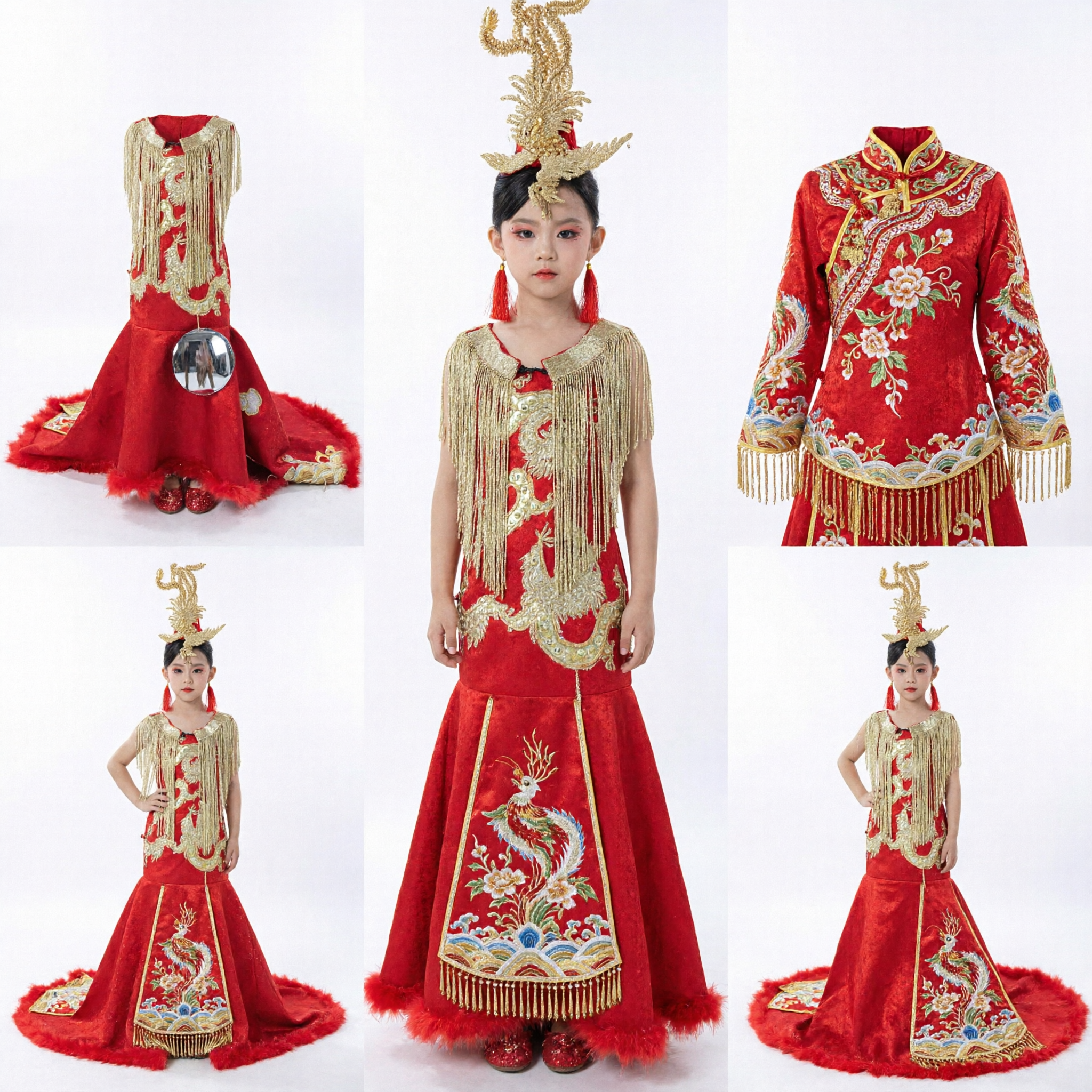 Kids Traditional Chinese Stage Performance Dress Red Gold Embroidered Dragon Gown with Phoenix Headdress for Girls