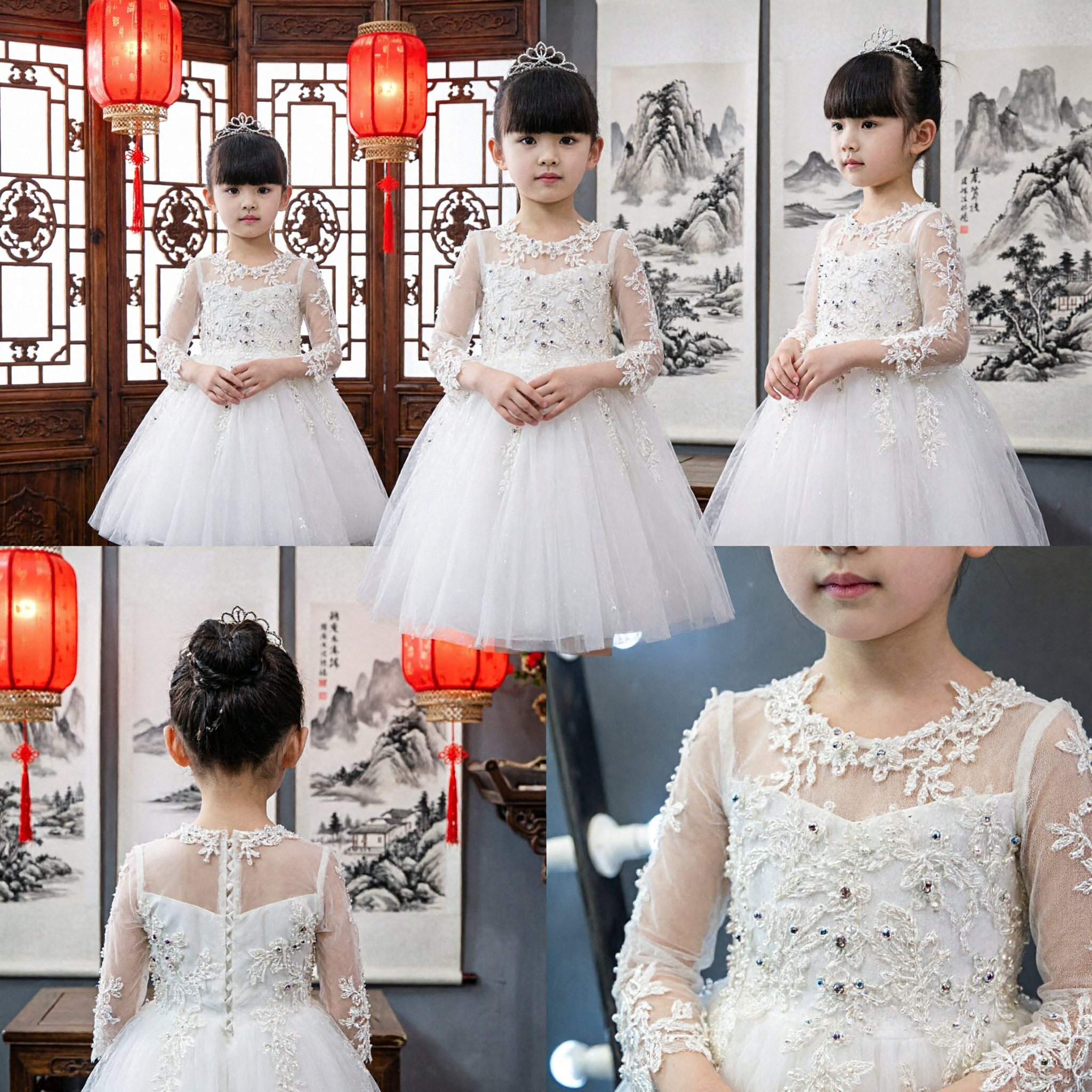 Elegant White Long Sleeve Lace Flower Girl Dress Kids Princess Tulle Gown for Wedding Party