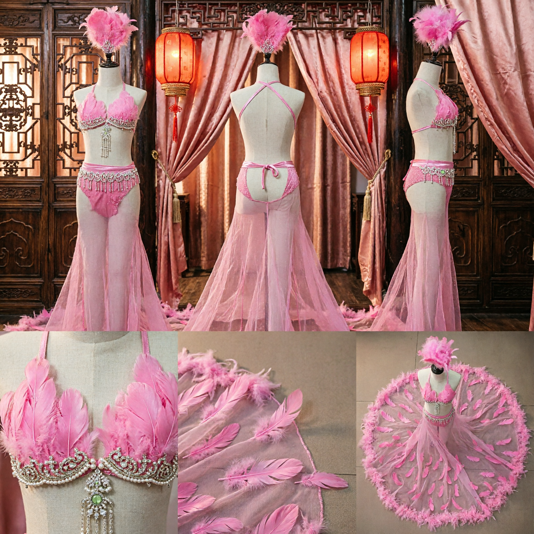 Women's Hot Pink Samba Carnival Costume Feathered Skirt Showgirl Outfit for Stage Dance Performance
