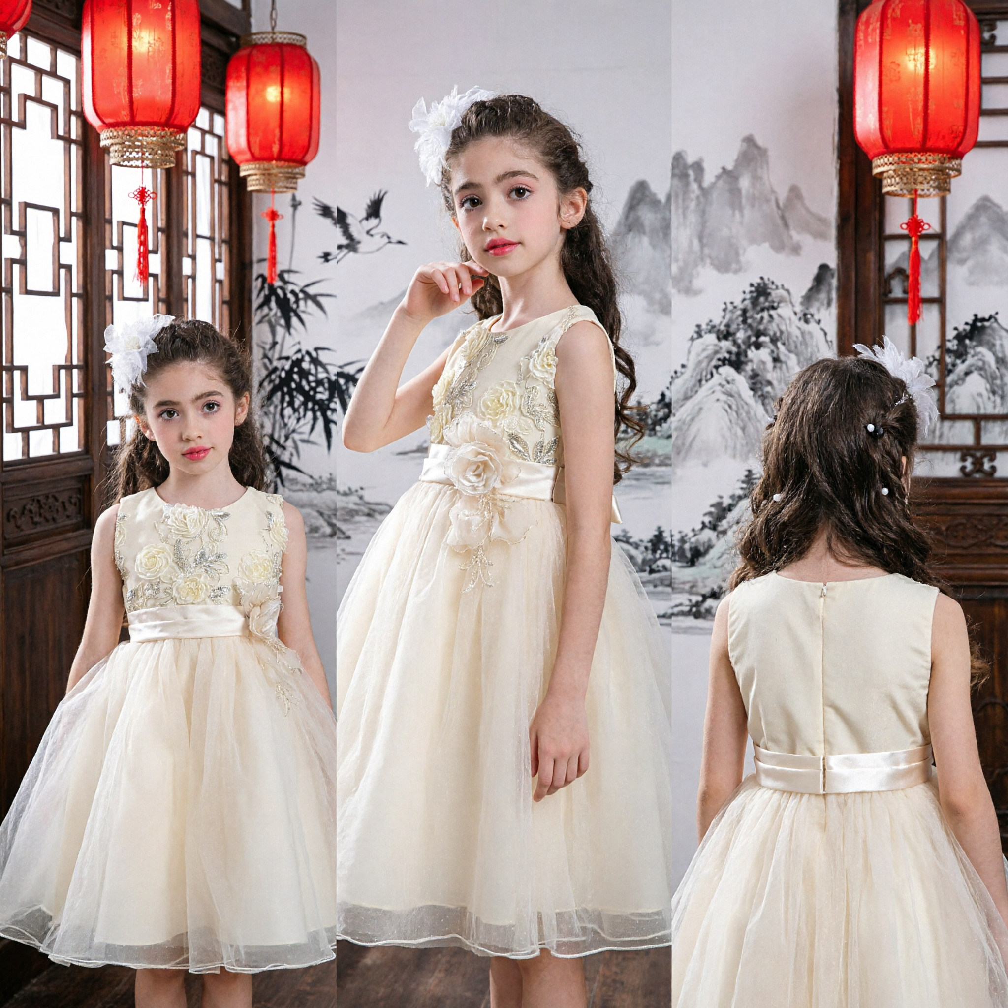 Elegant Champagne Flower Girl Dress Sleeveless with 3D Floral Appliques and Tulle Skirt for Weddings