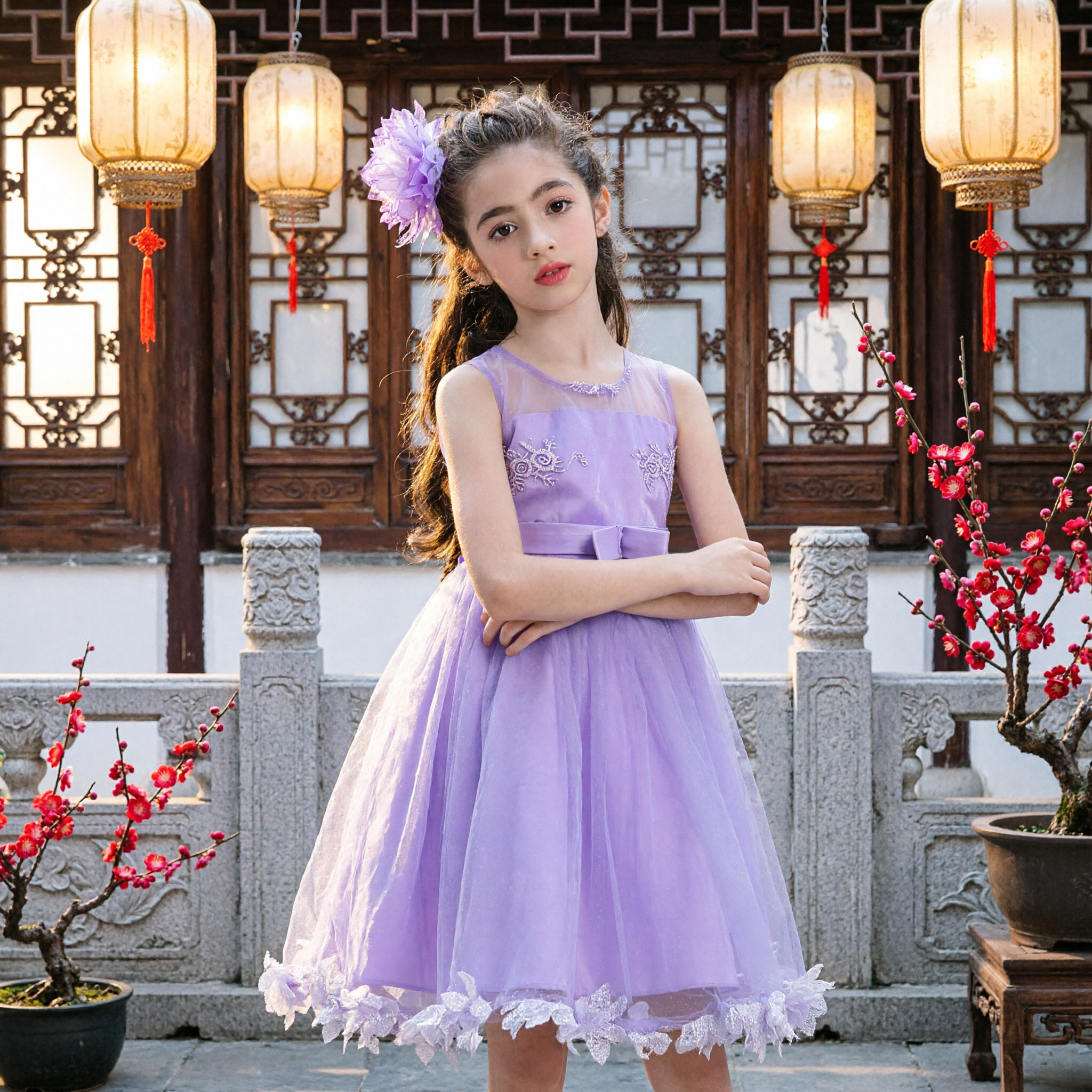 Girls Purple Flower Girl Dress Sleeveless Tulle Princess Gown for Wedding Party with Lace Hem and Bow
