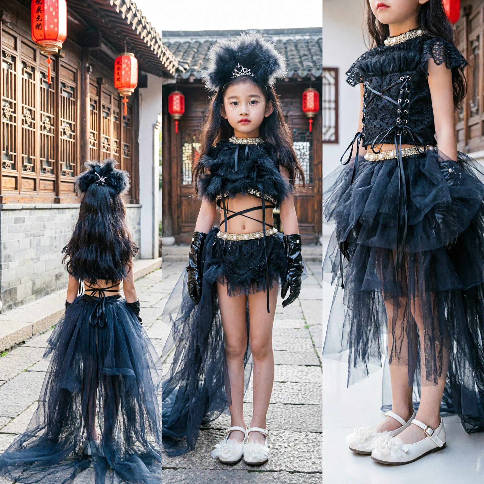 Kids Girls Black Swan Stage Performance Costume featuring Feather Crop Top, Long Tulle Skirt, and Crown Headpiece