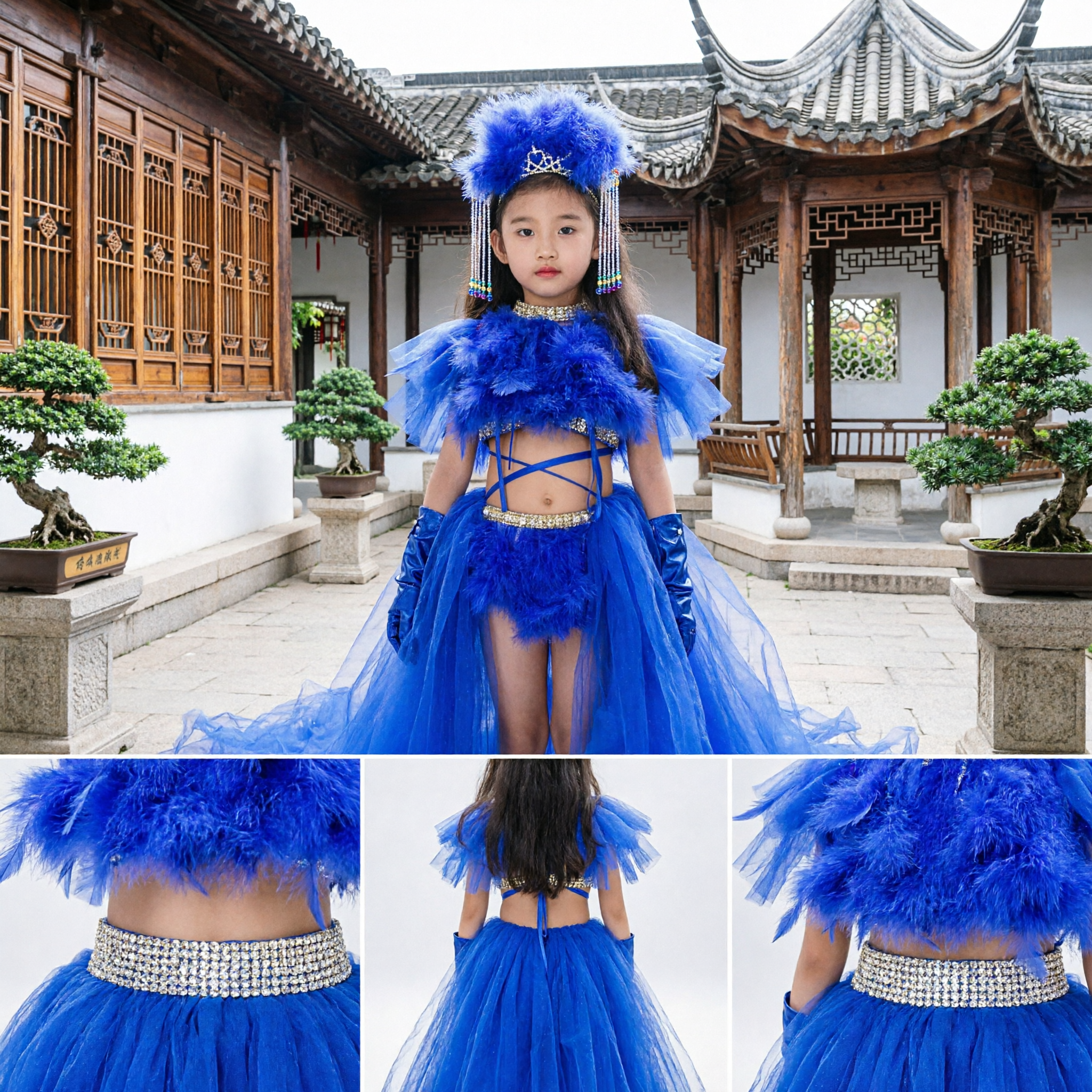 Girls Royal Blue Feather Dance Costume Kids Stage Performance Dress with Long Tulle Train and Headpiece