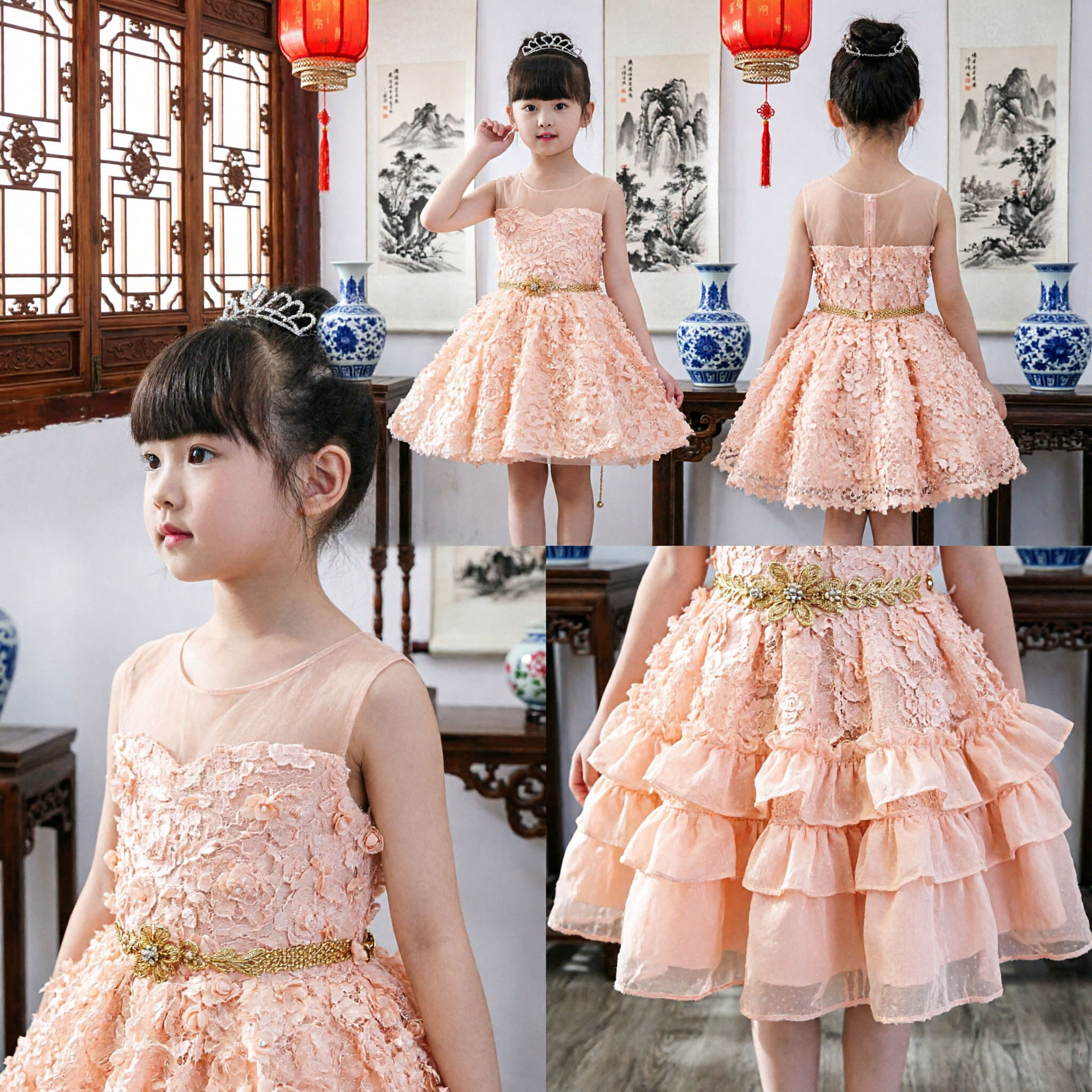 Elegant Girls Peach Floral Appliqué Princess Dress Formal Ball Gown for Wedding Flower Girl Party