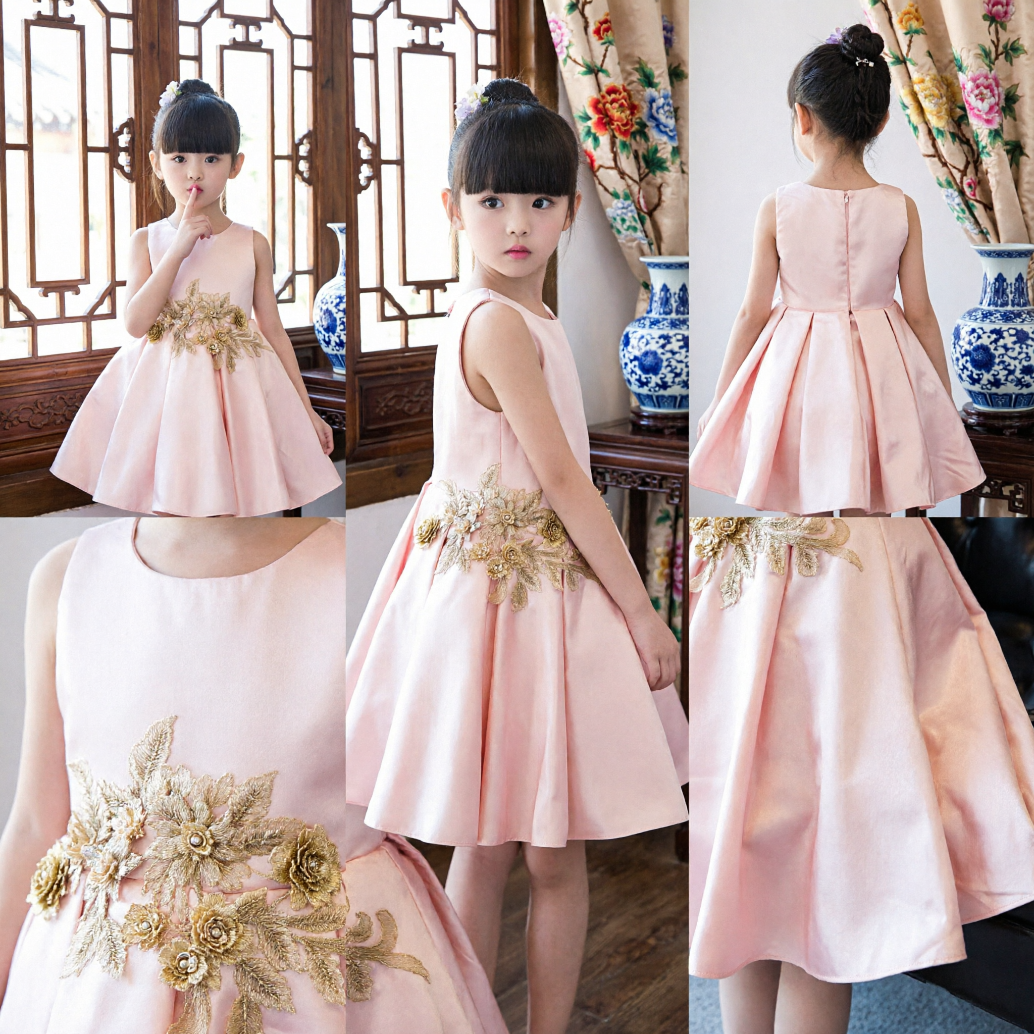 Elegant Pink Sleeveless A-Line Dress for Girls with Gold Floral Applique for Weddings and Parties
