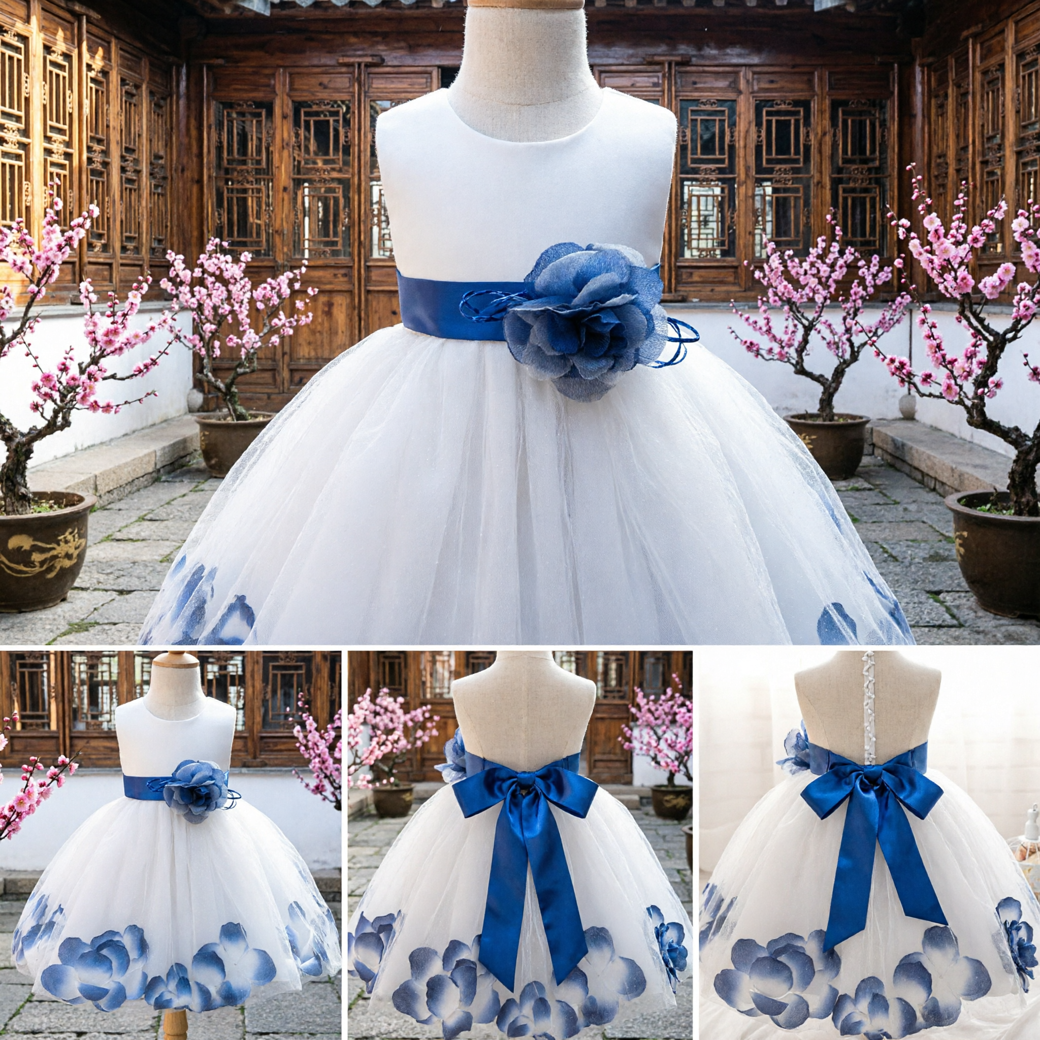 Elegant White Flower Girl Princess Dress Blue Floral Tulle Ball Gown for Wedding Party