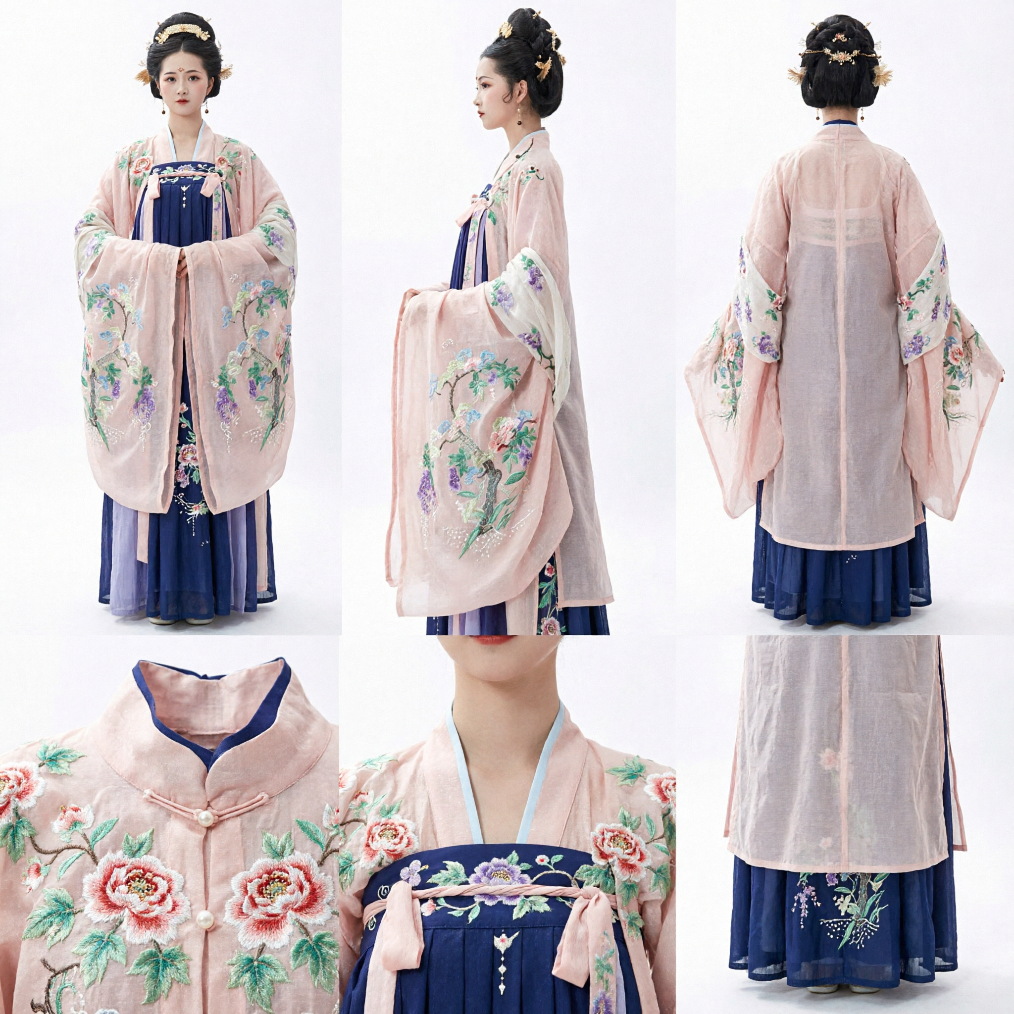 Traditional Tang Dynasty Hanfu Costume Pink Floral Embroidered Top Blue Skirt Ancient Chinese Princess Dress for Women
