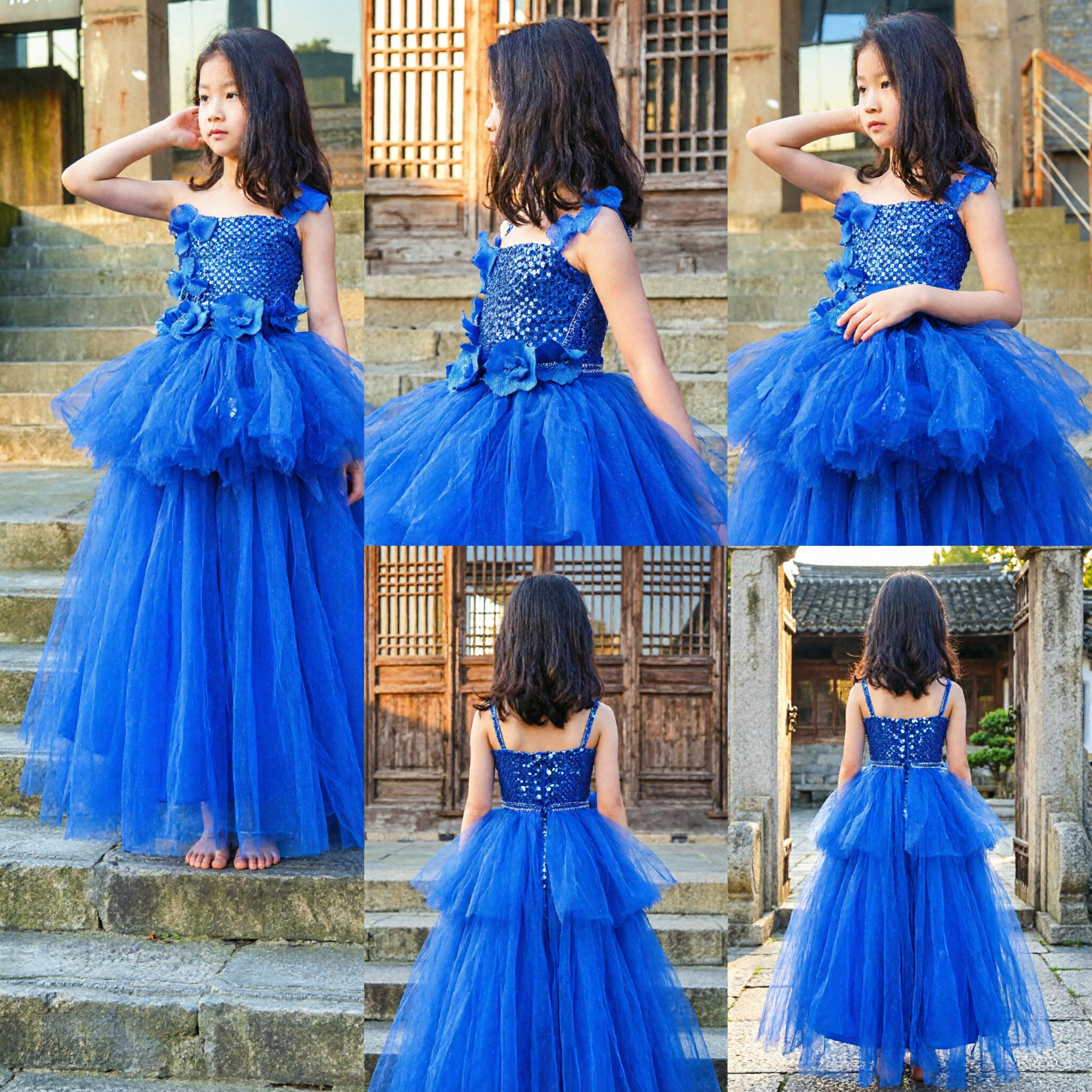 Royal Blue High-Low Tulle Dress for Girls Kids Flower Girl Pageant Party Formal Evening Gown