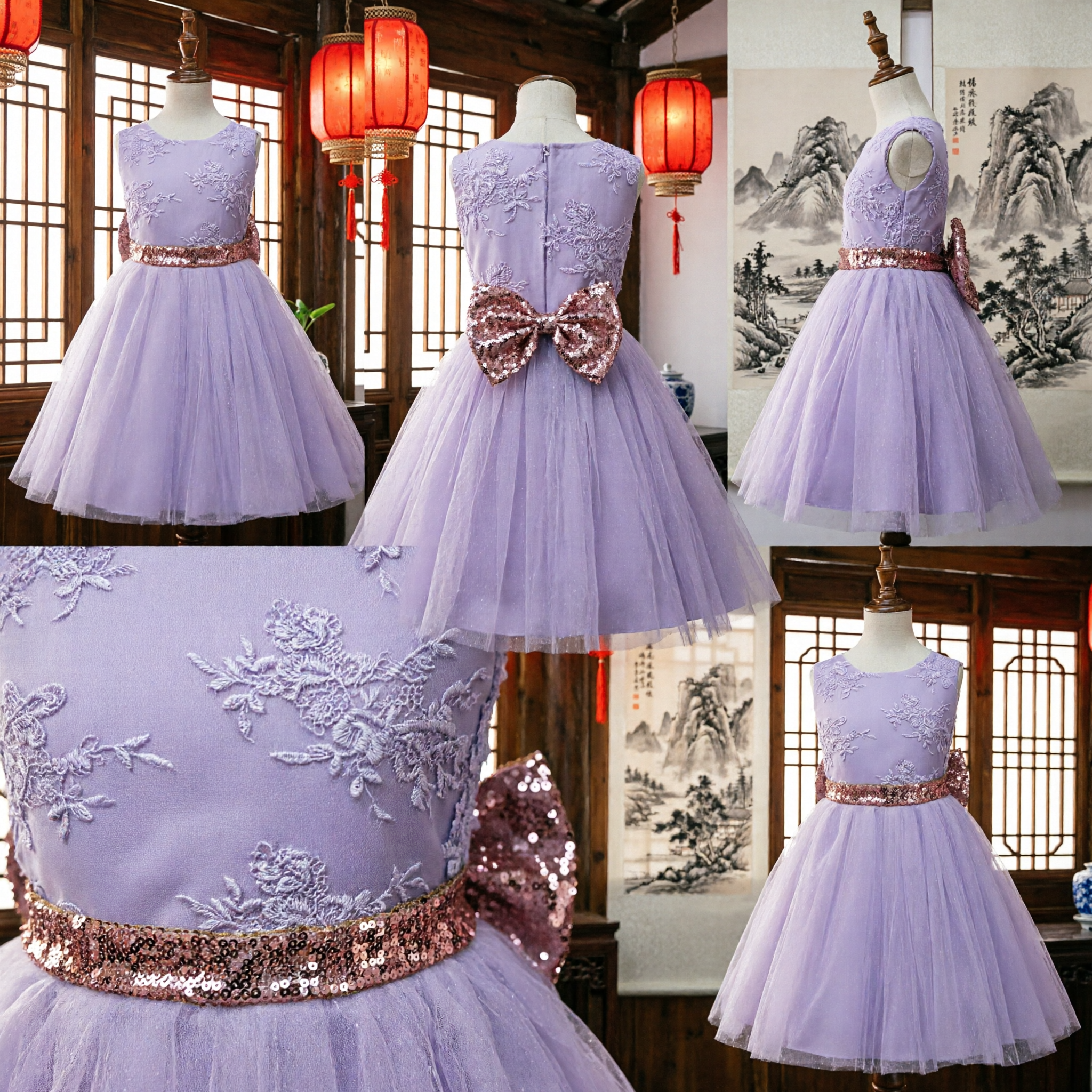 Girls Purple Lace Bodice Tulle Skirt Flower Girl Dress with Sequin Sash for Wedding Party