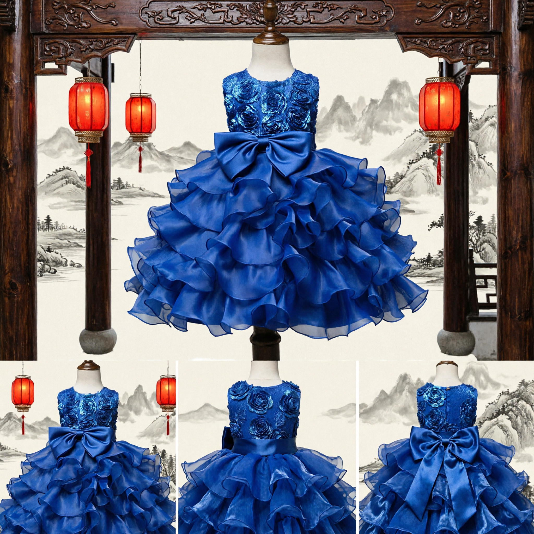 Royal Blue Kids Flower Girl Dress with Rosette Bodice and Tiered Ruffles for Wedding Party Pageant